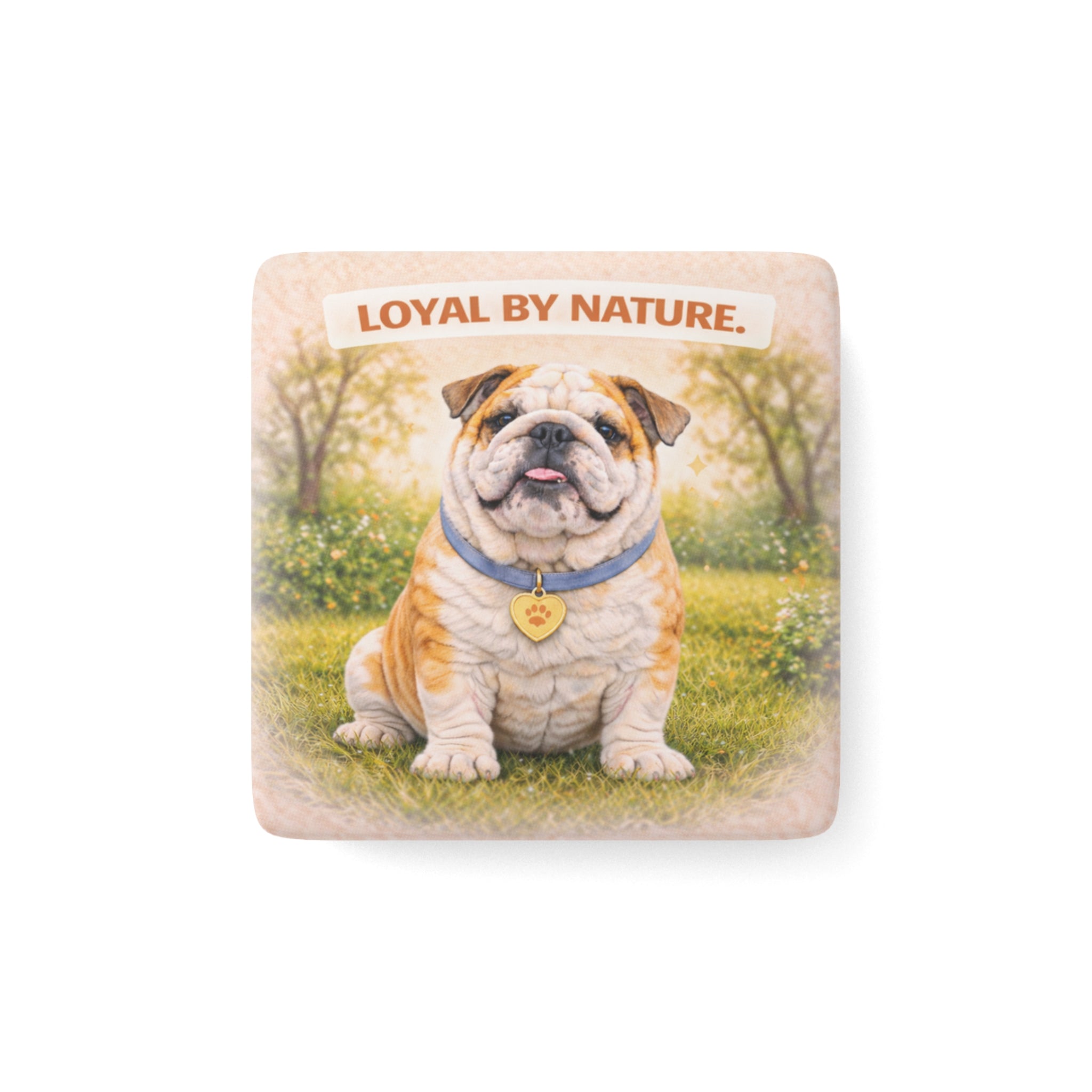 Loyal By Nature Bulldog porcelain magnet | square dog fridge magnet