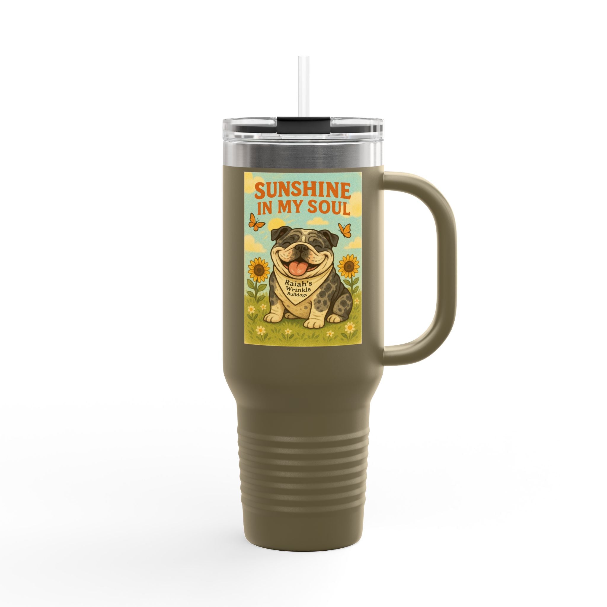 Cheerful Bulldog Insulated Travel Mug, 40oz - Sunshine in My Soul Design, Perfect for Coffee, Tea, Road Trips, or Gifts