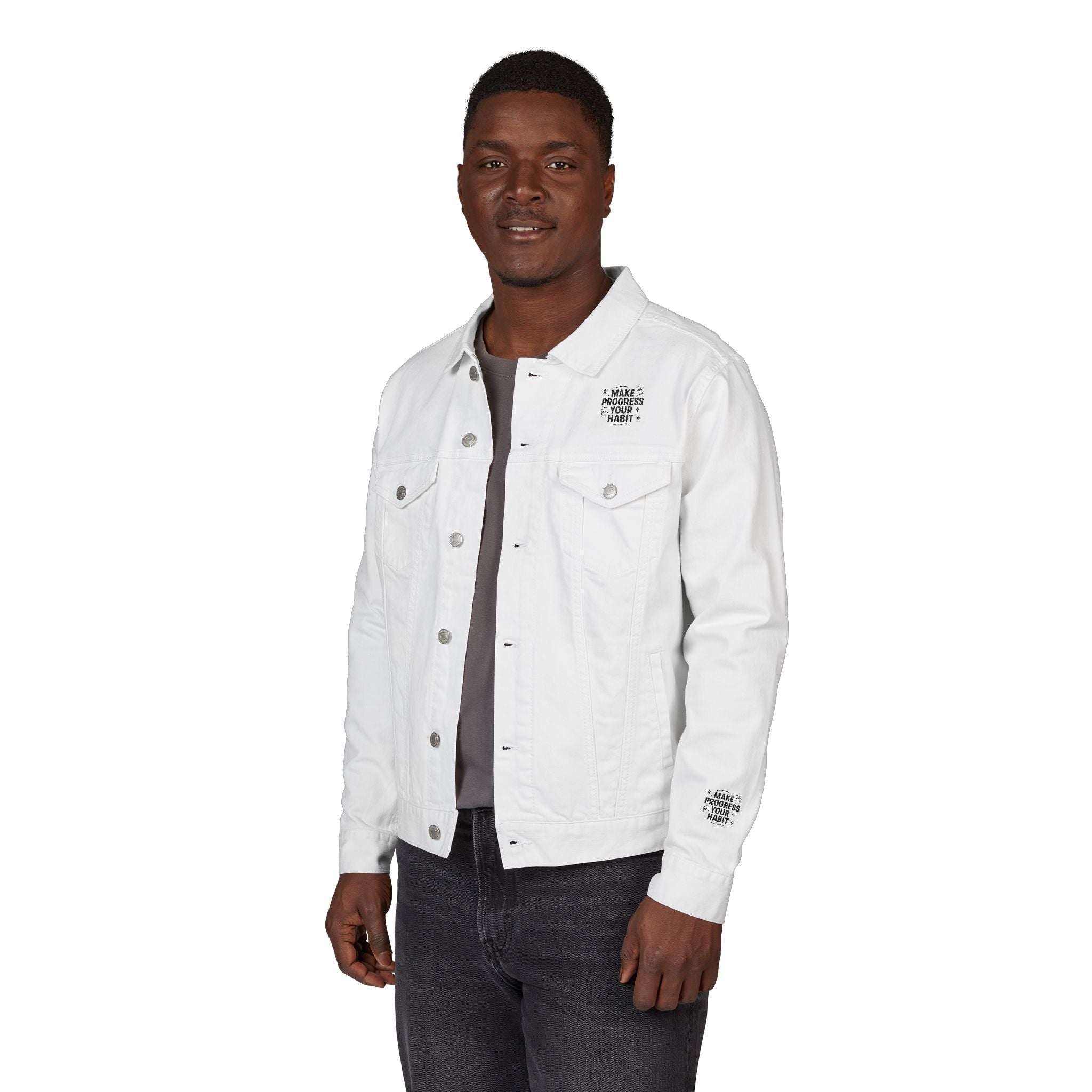 Unisex Embroidered Make Progress Your Habit Denim Jacket - Casual Streetwear, Gift for Friends, Customized Outerwear, Unique Fashion Piece, Ideal for Parties
