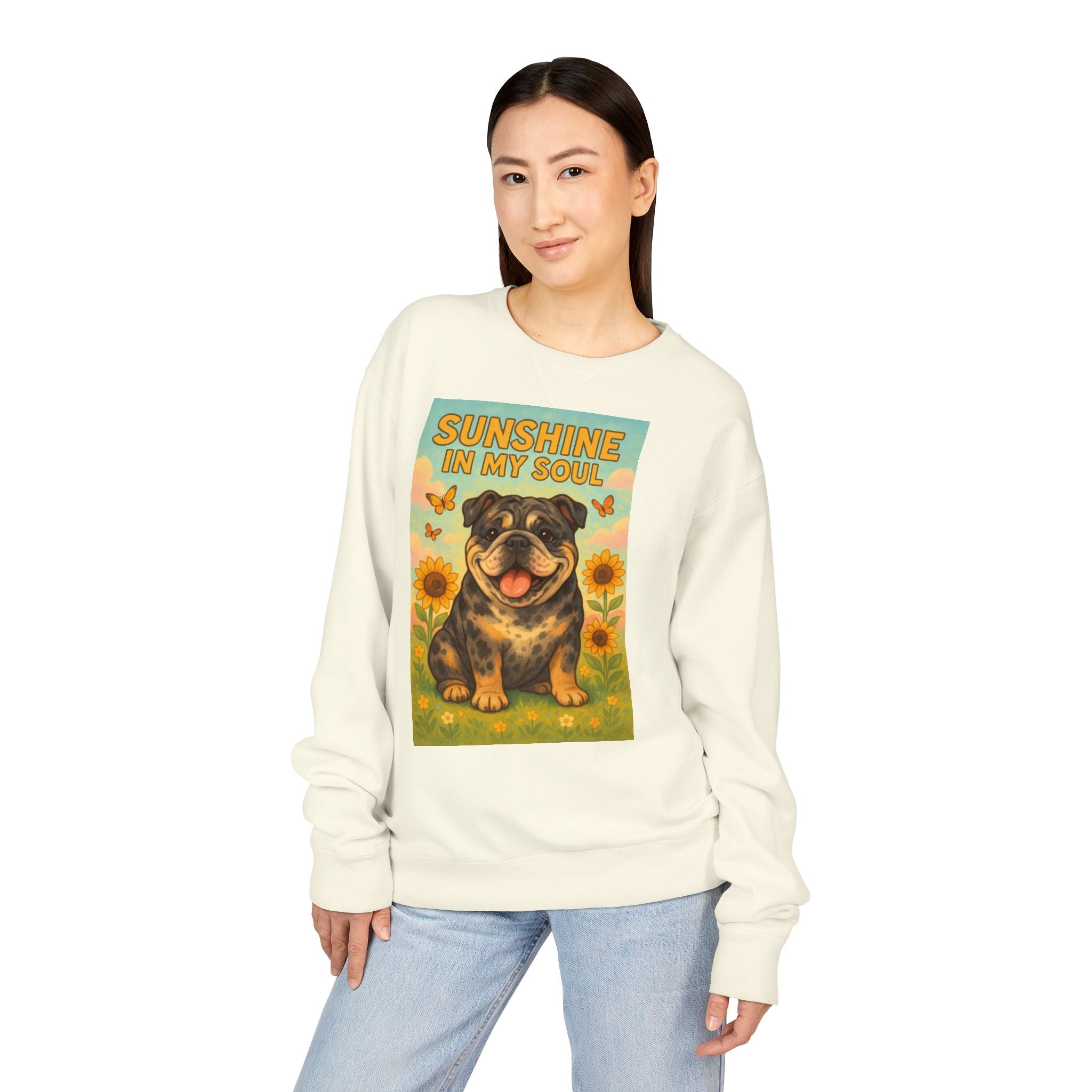 Sunshine in My Soul Sweatshirt, Cozy Unisex Crewneck, English Bulldog Lover Gift, Cute Pet Apparel, Vintage Floral Sweatshirt