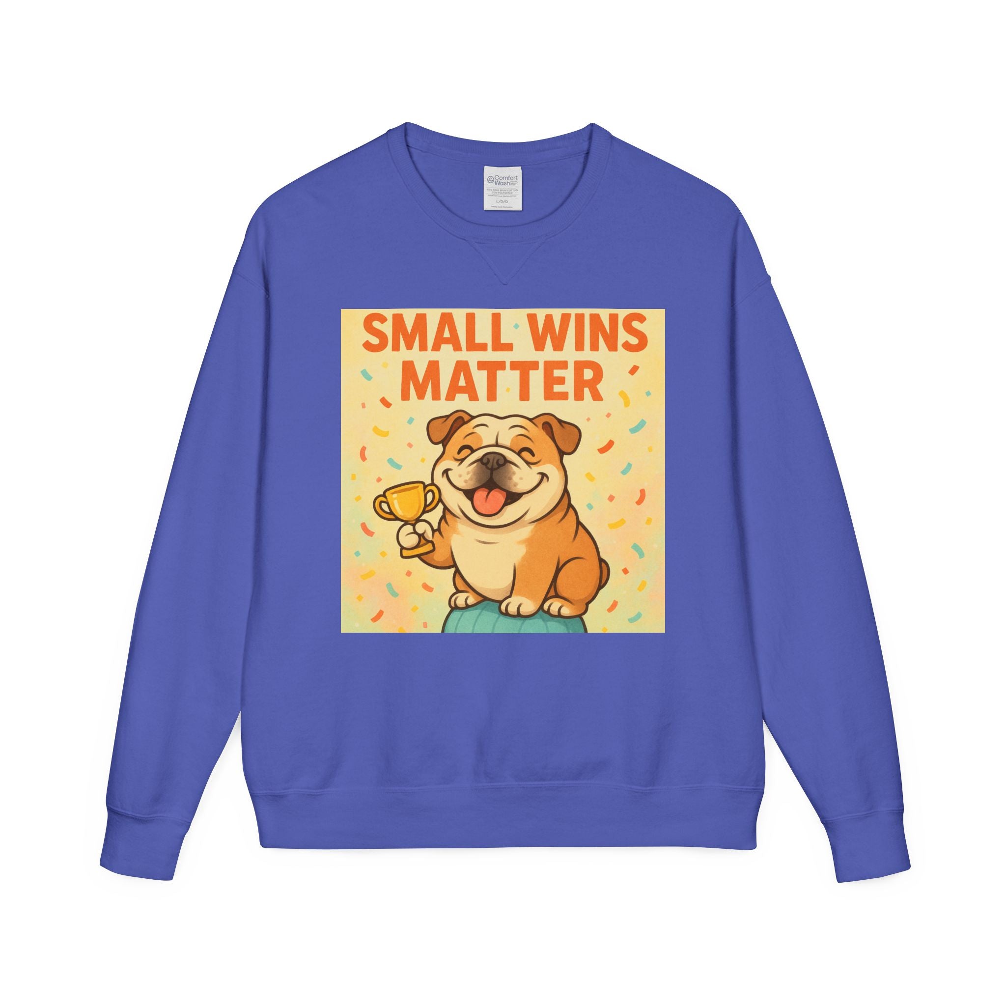 Celebrate Small Wins Sweatshirt, Cozy Crewneck Top for English Bulldog Lovers, Inspirational, Motivational Apparel, Ideal for Casual Days