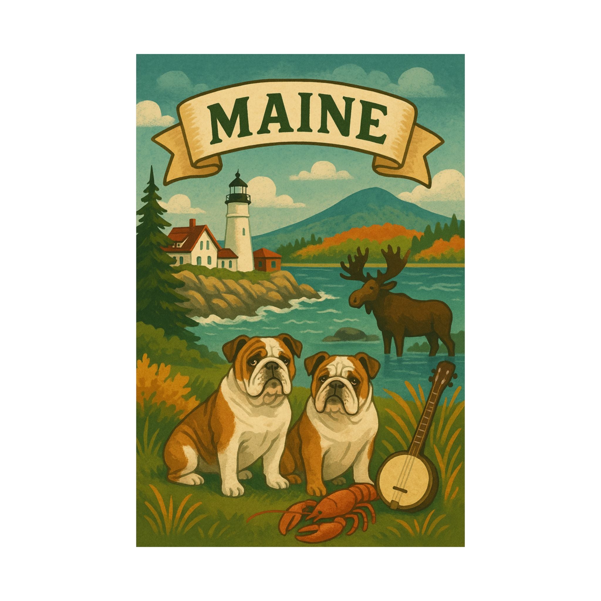 Maine Vintage Bulldog Poster, Home Decor, Wall Art, Gift for Pet Lovers, Retro Nature Art, Maine Souvenir