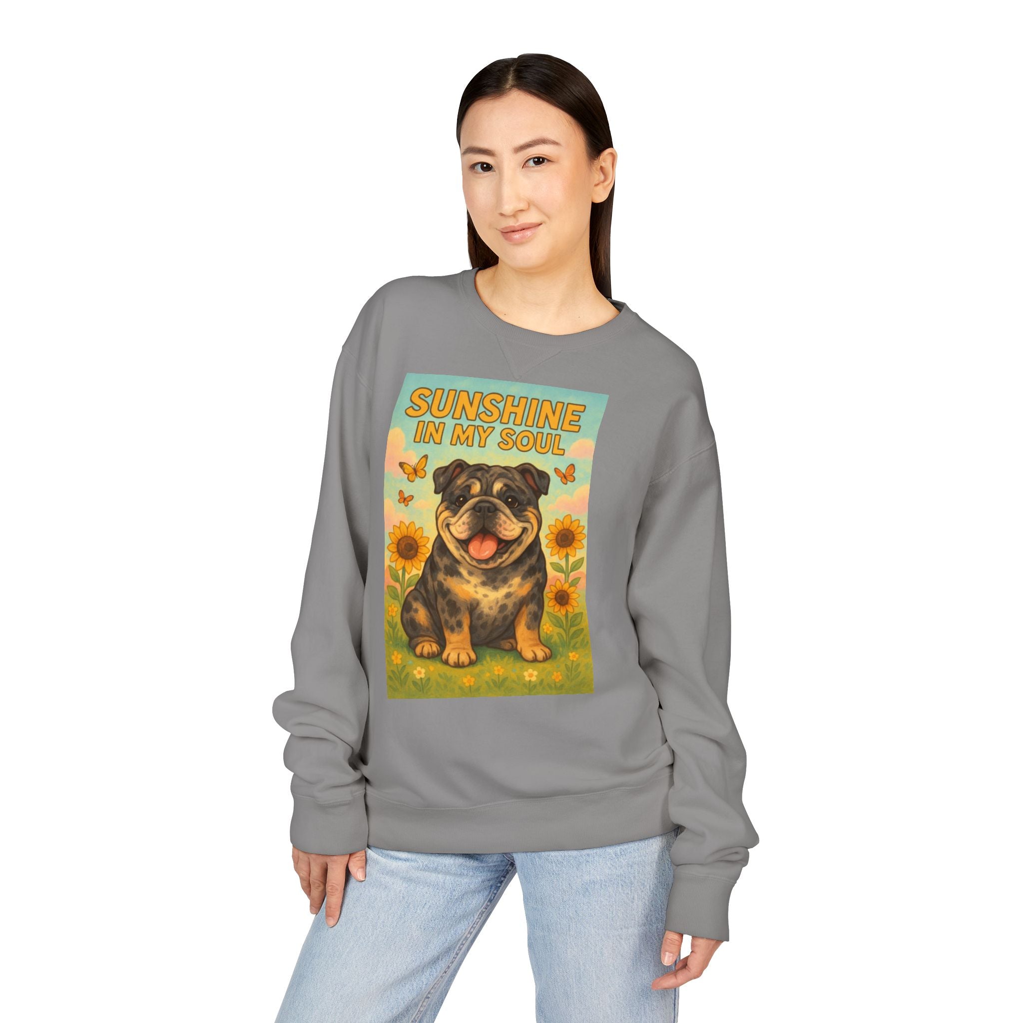 Sunshine in My Soul Sweatshirt, Cozy Unisex Crewneck, English Bulldog Lover Gift, Cute Pet Apparel, Vintage Floral Sweatshirt