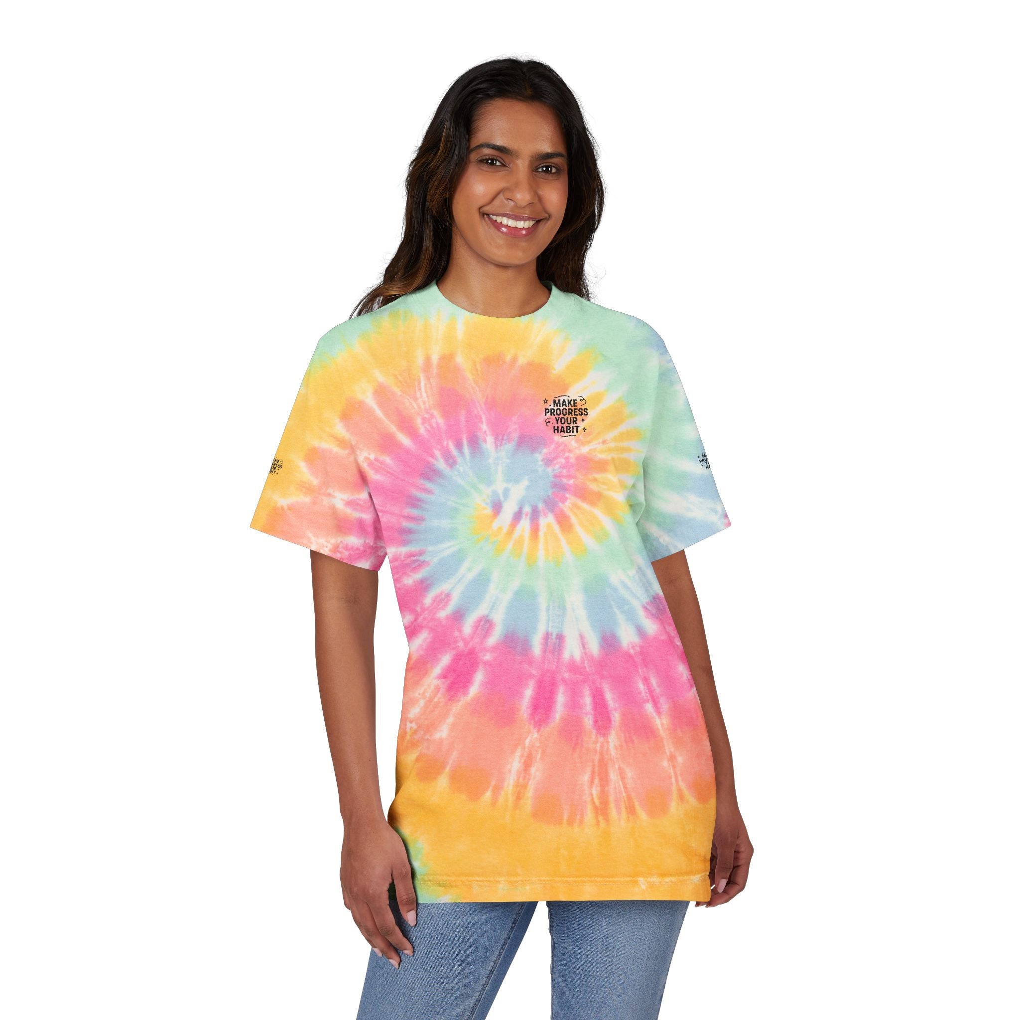 Tie-Dye Spiral Oversized T-Shirt Make Progress Your Habit Rainbow Embroidery