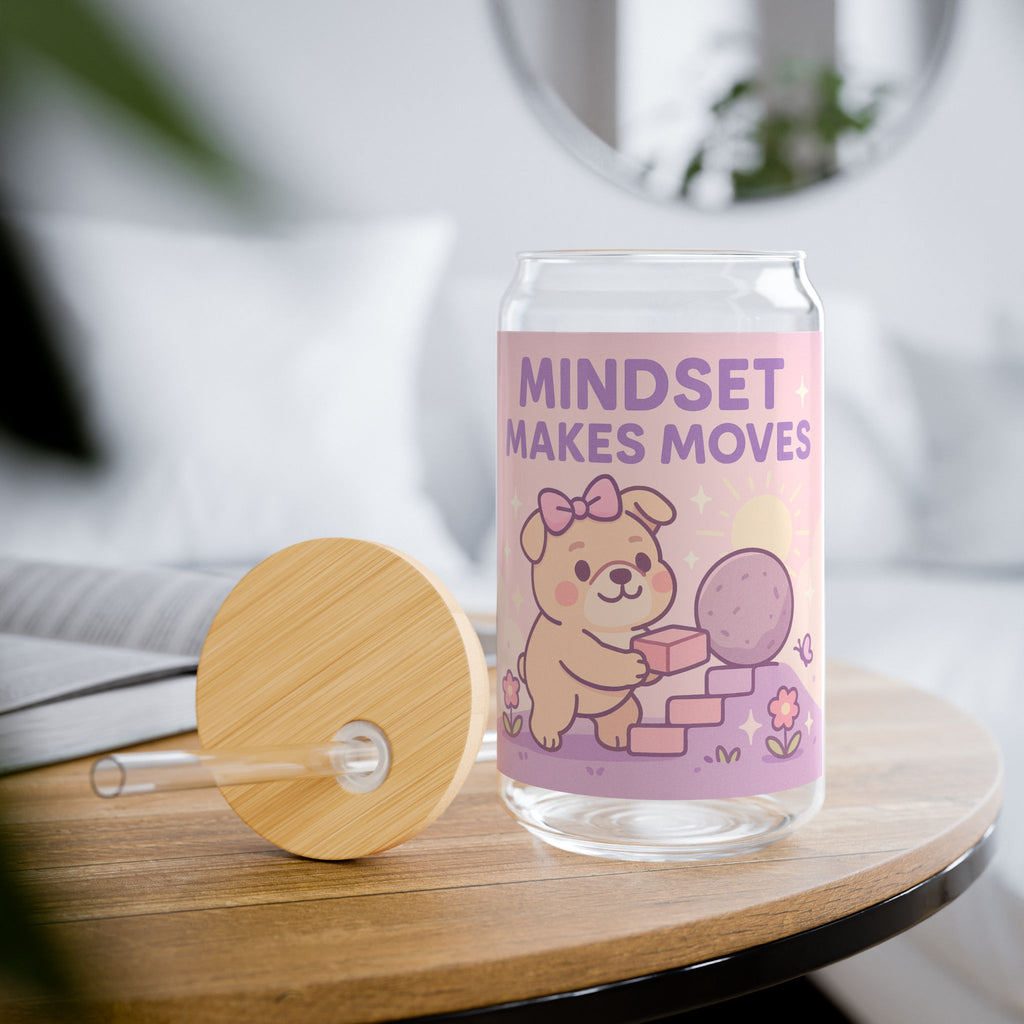 Mindset Makes Moves Glass Sipper  16oz Cute Motivational Drink Jar
