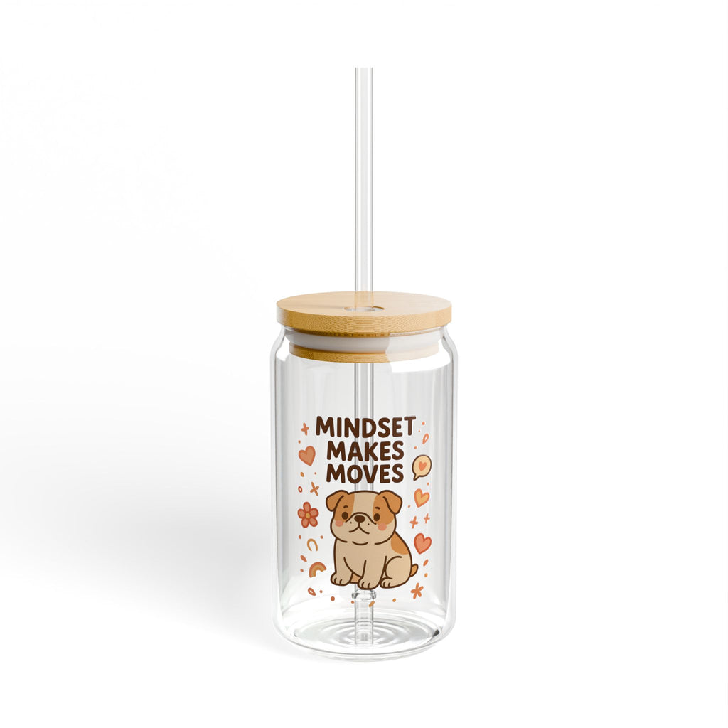 Mindset Makes Moves 16oz Sipper Glass – Cute Pug Motivational Drinking Tumbler