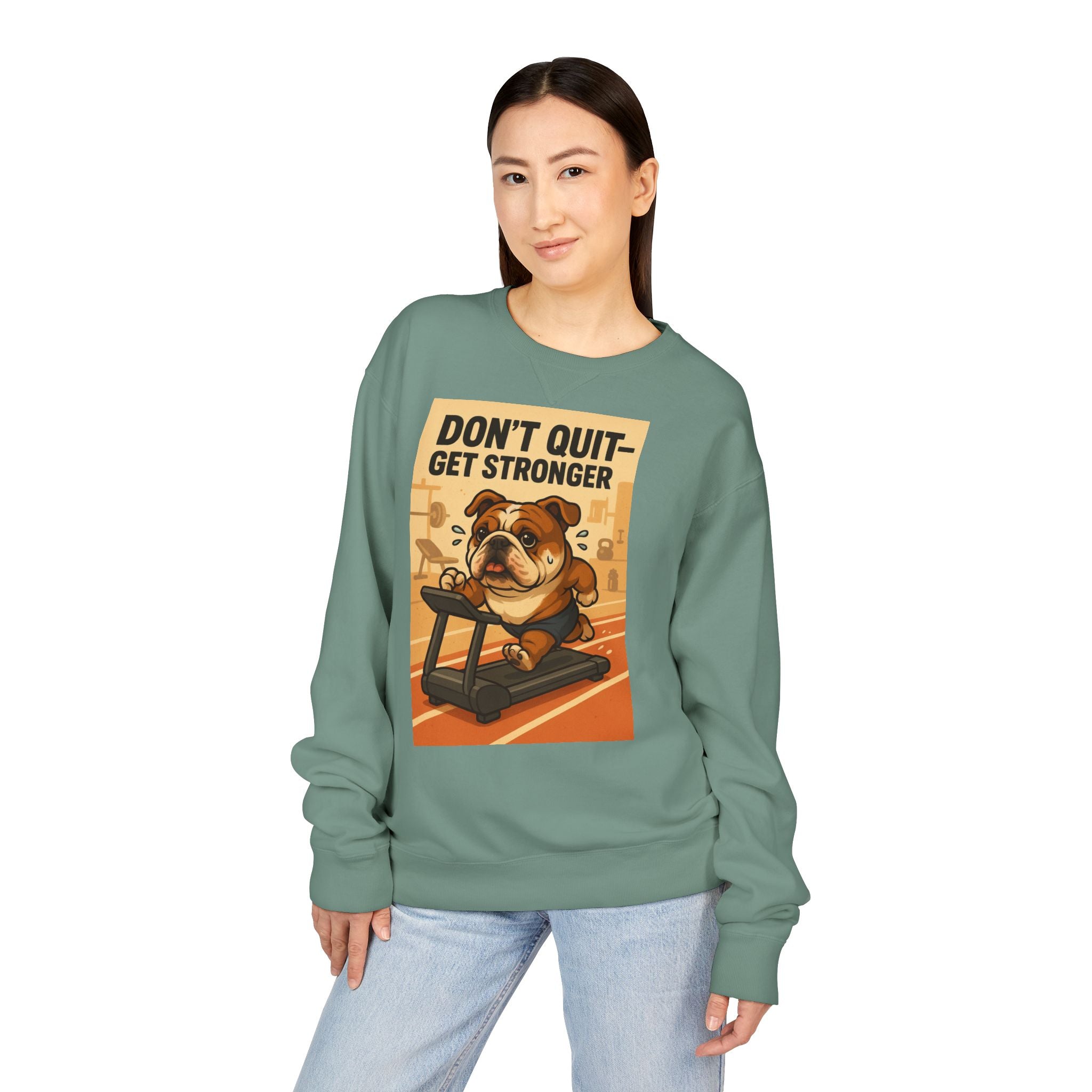 Bulldog Motivational Sweatshirt | Unisex Gym Crewneck, Fitness Gift, Workout Apparel, Don't Quit Get Stronger, Cozy Casual Wear
