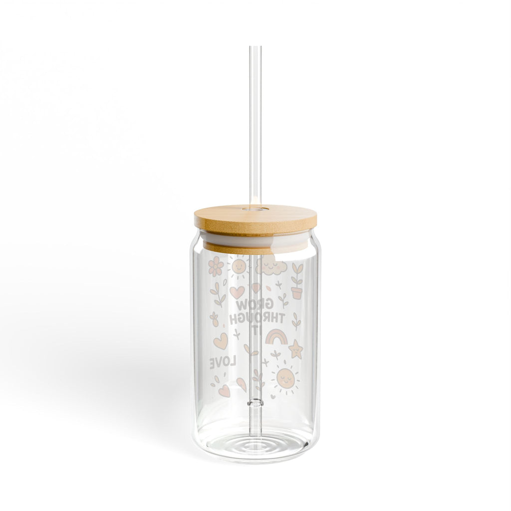 Grow Through It 16oz Glass Sipper with Bamboo Lid & Straw Inspirational Floral Drink Cup