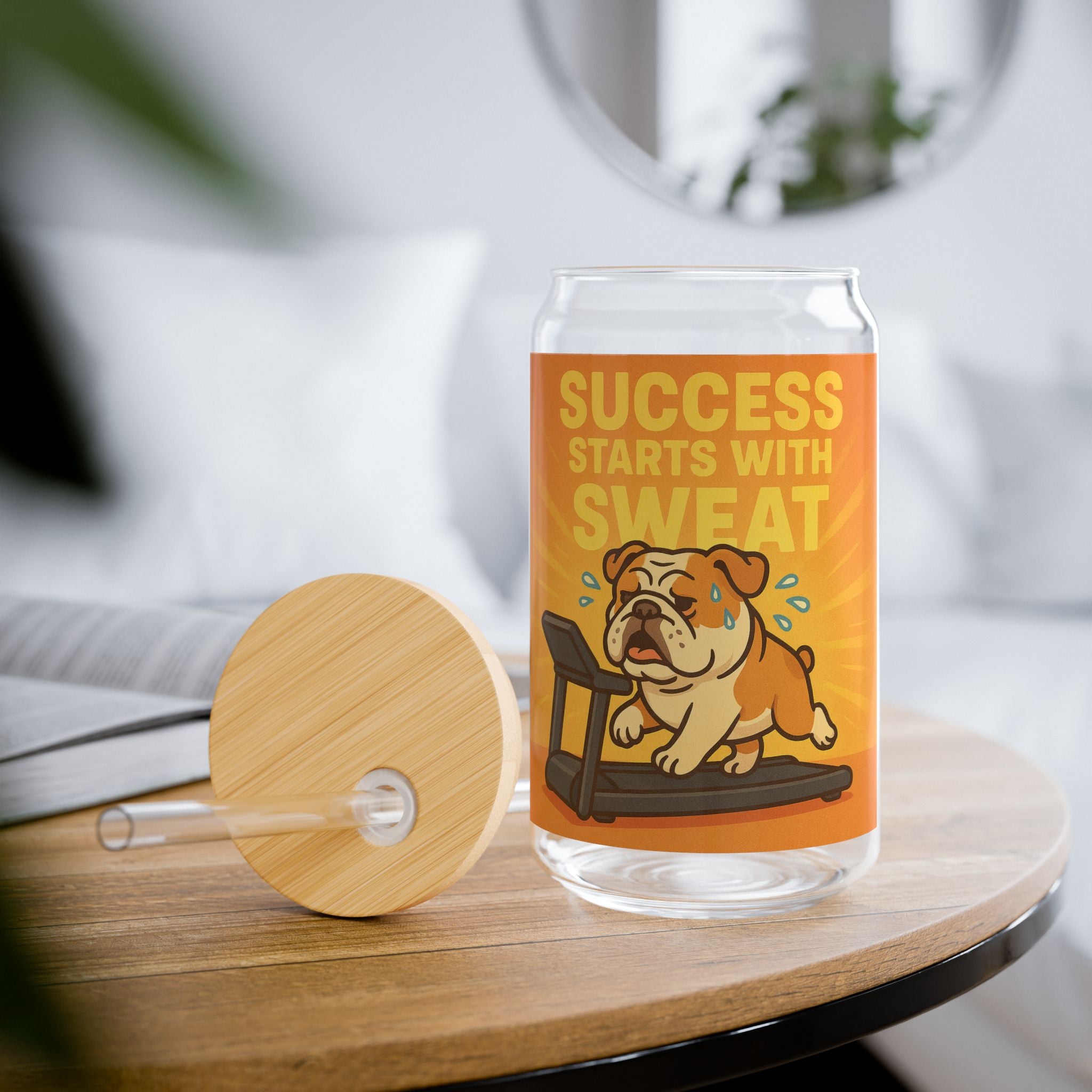 Sipper Glass “Success Starts With Sweat” Bulldog Fitness Drink Jar