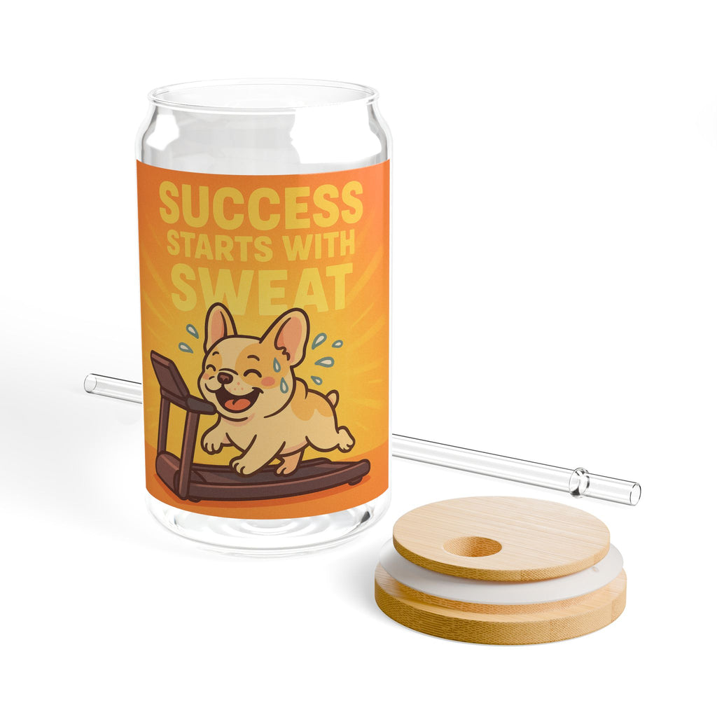Sipper Glass "Success Starts With Sweat" Funny Corgi Treadmill 16oz Drink Jar