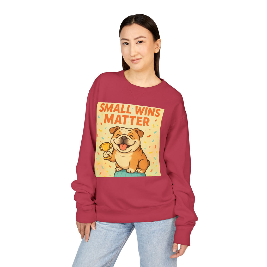 Celebrate Small Wins Sweatshirt, Cozy Crewneck Top for English Bulldog Lovers, Inspirational, Motivational Apparel, Ideal for Casual Days