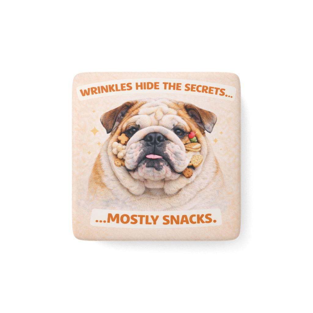 Wrinkled Bulldog Face Porcelain Magnet, Square | Funny Snack Quote
