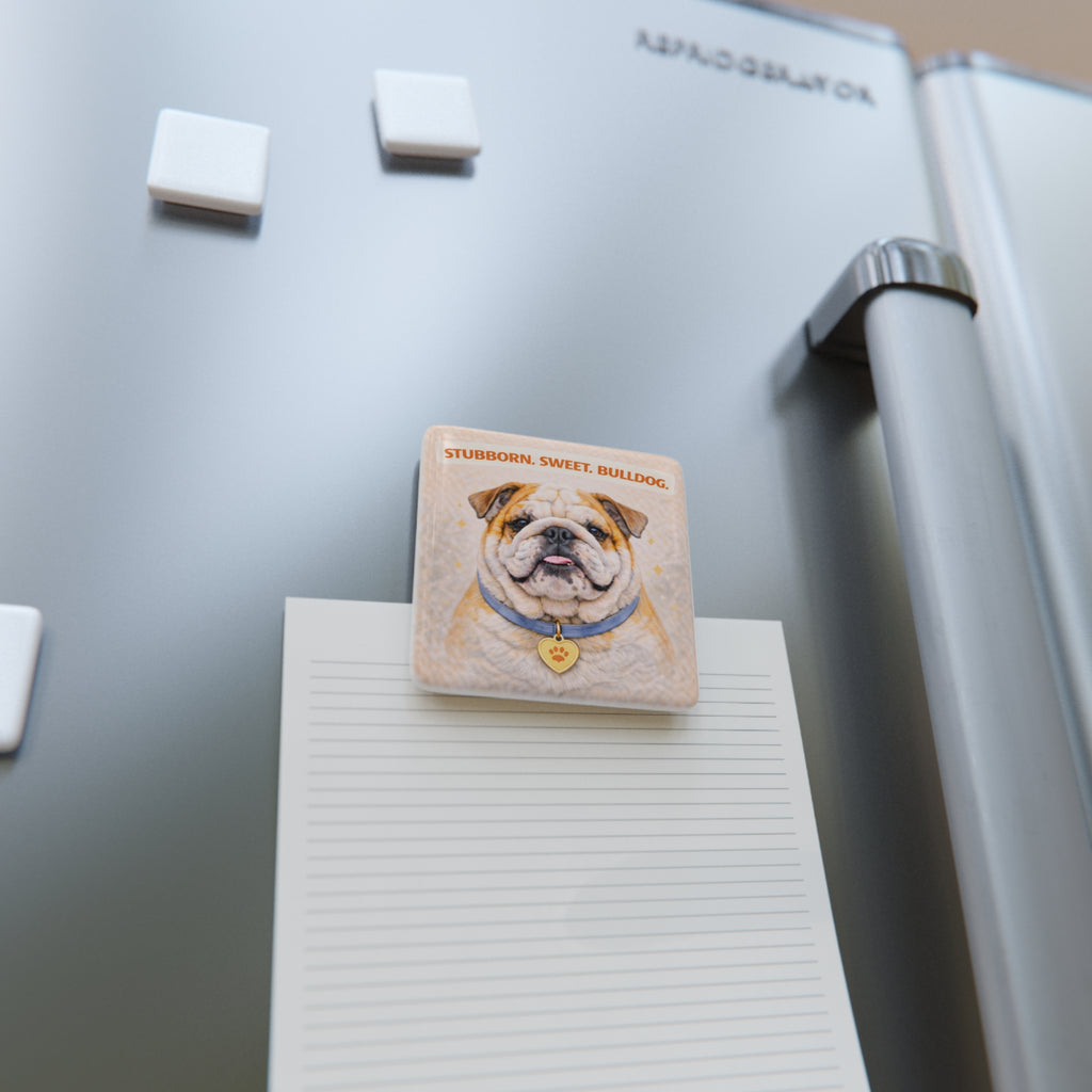 Stubborn Sweet Bulldog porcelain magnet, Square