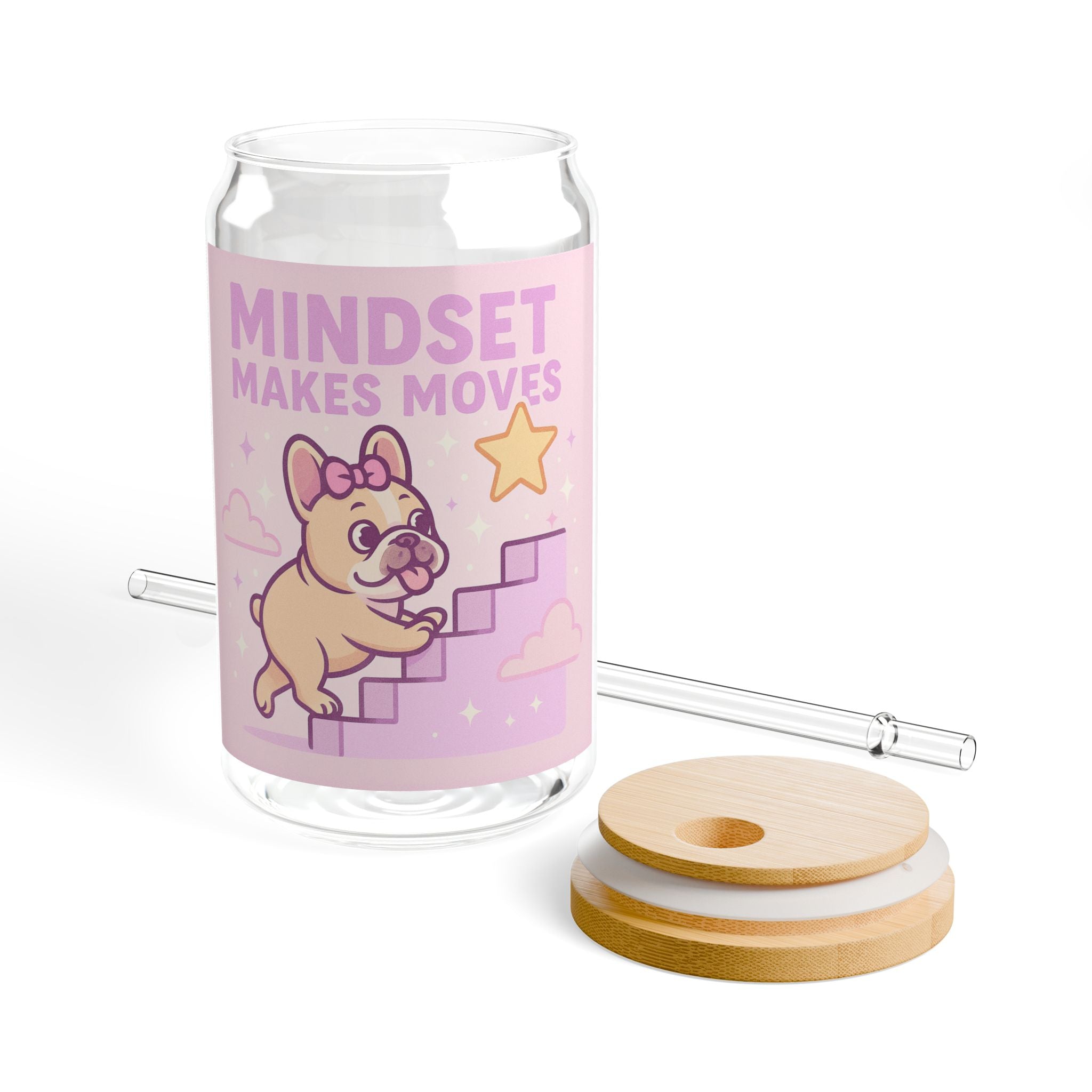 Mindset Makes Moves Sipper Glass 16oz Motivational Cute Dog Drink Jar