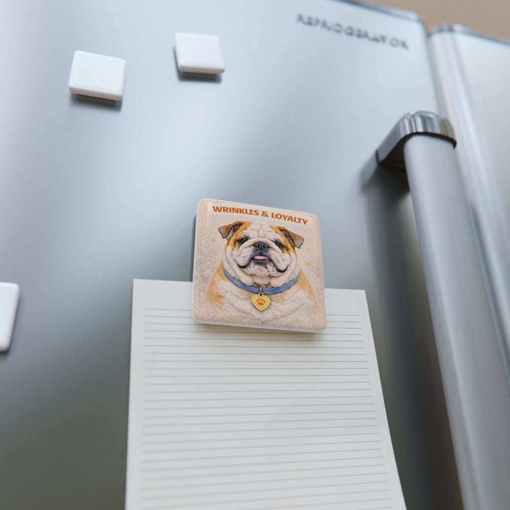 Wrinkles & Loyalty Bulldog Porcelain Magnet | Square