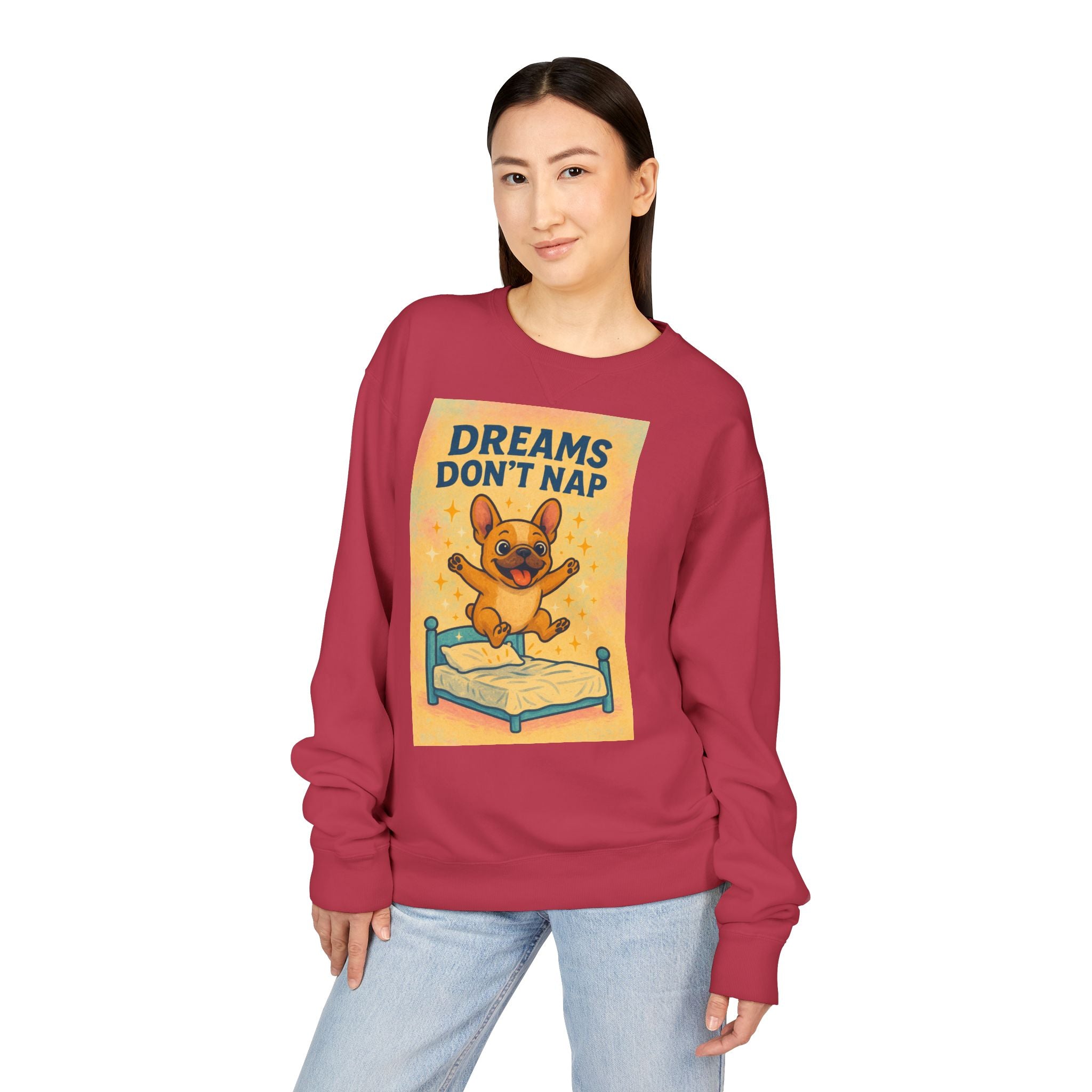 Dreams Don't Nap Sweatshirt, Cozy Crewneck, English Bulldog Lover Gift, Cute Sweatshirt, Fun Loungewear, Birthday Gift, Relaxing Homewear