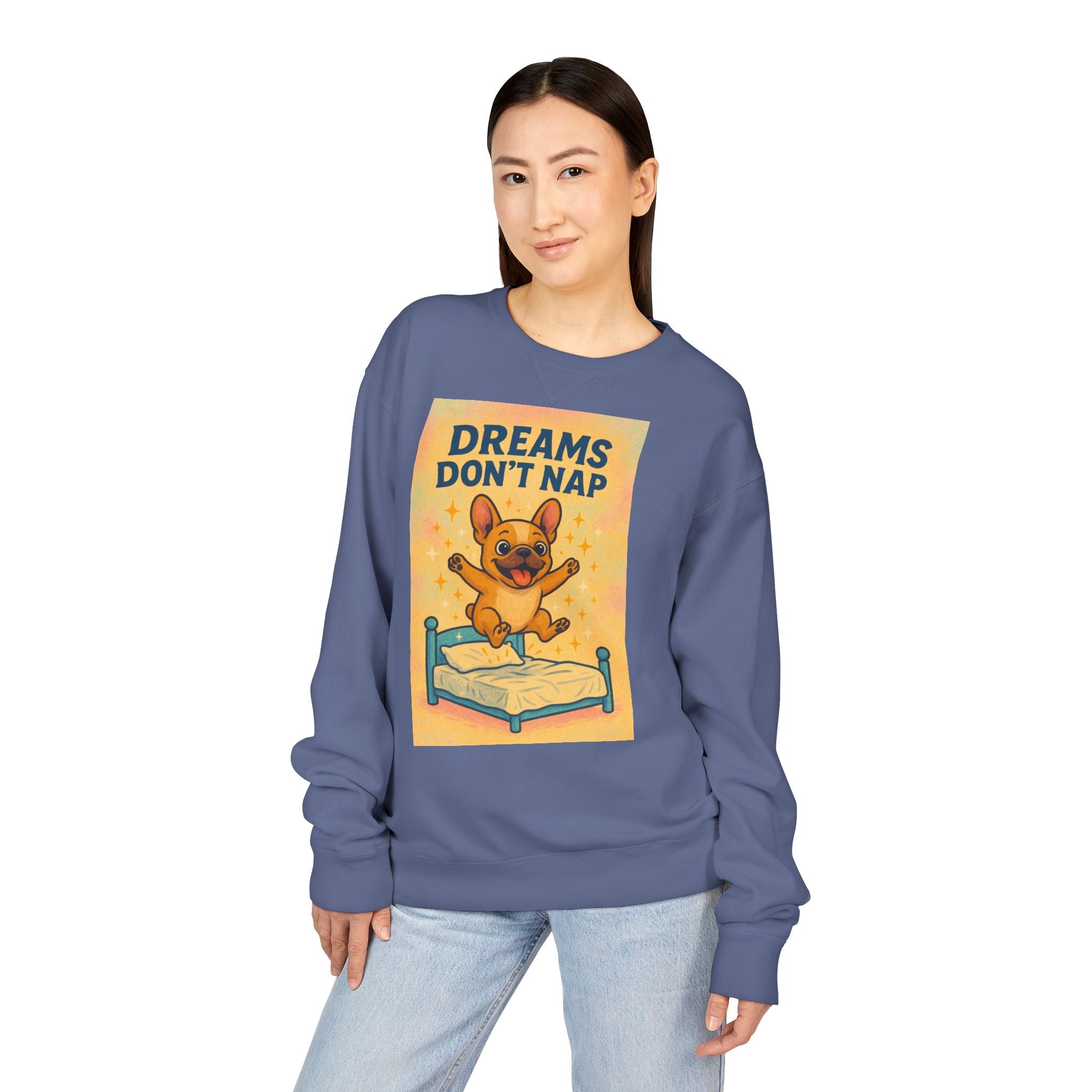 Dreams Don't Nap Sweatshirt, Cozy Crewneck, English Bulldog Lover Gift, Cute Sweatshirt, Fun Loungewear, Birthday Gift, Relaxing Homewear