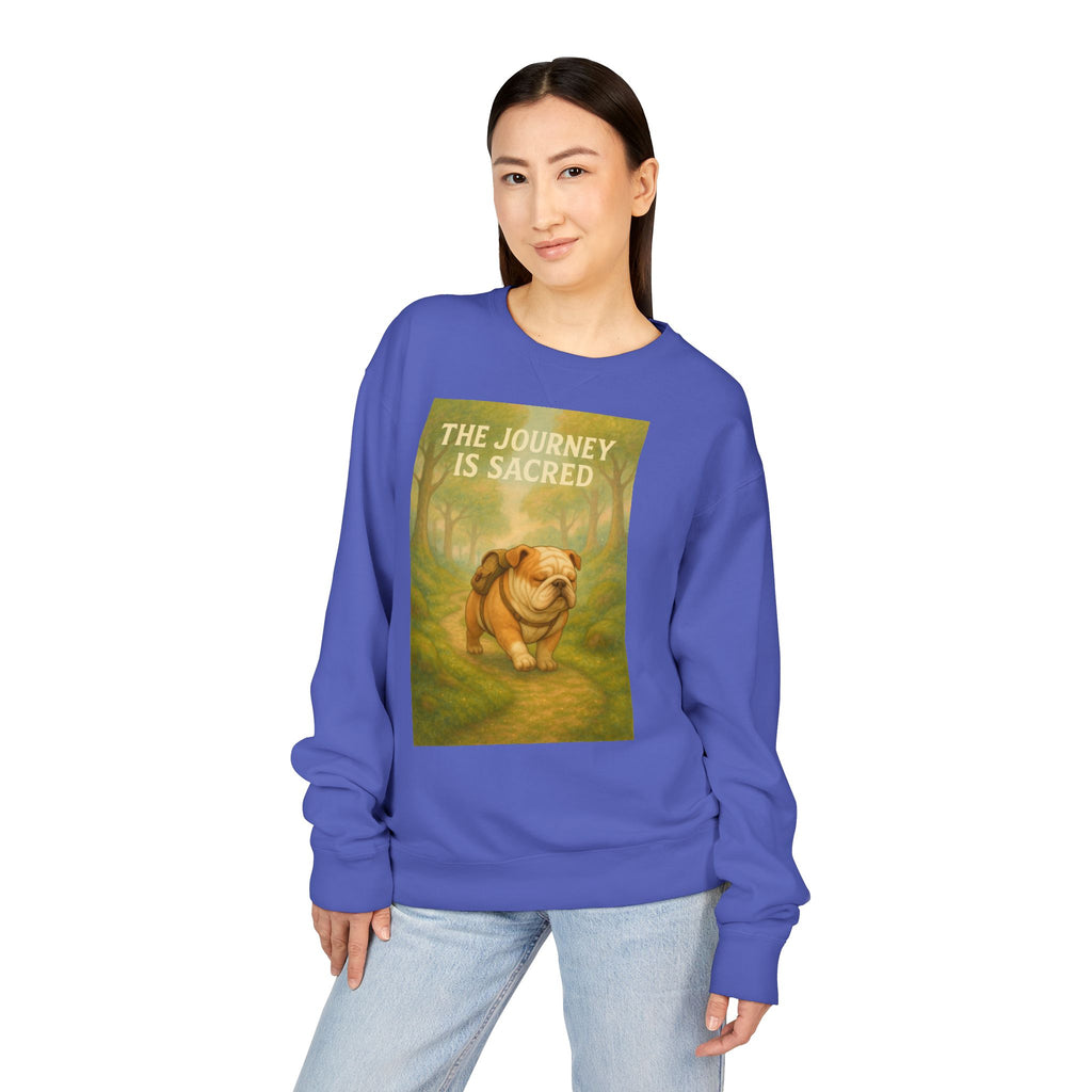 Journey is Sacred English Bulldog Sweatshirt, Unisex ComfortWash Crewneck, Cozy Dog Lover Gift, Nature Theme Apparel, Dog Owner Sweatshirt