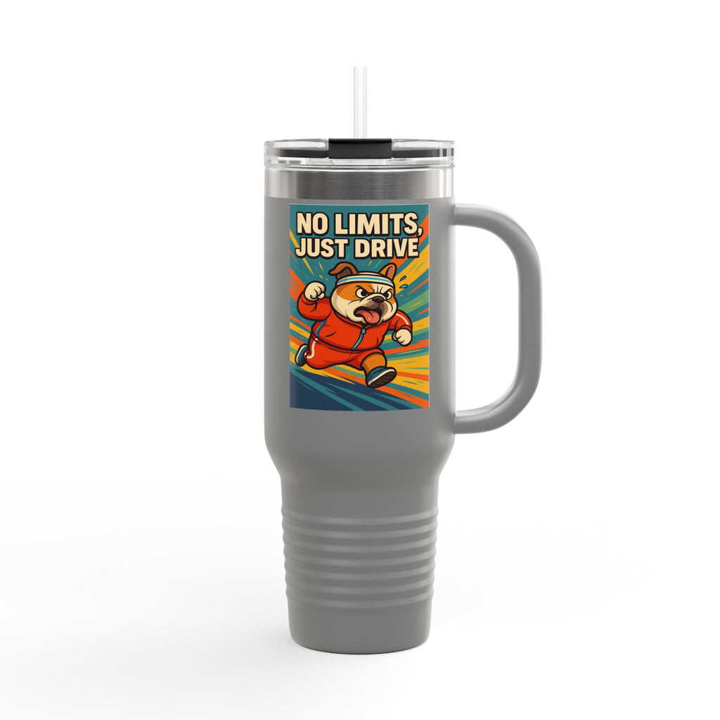 Adventure-Ready English Bulldog Insulated Travel Mug-Perfect for Travel, Outdoor Activities, Motivational Gift, No Limits Just Drive Design