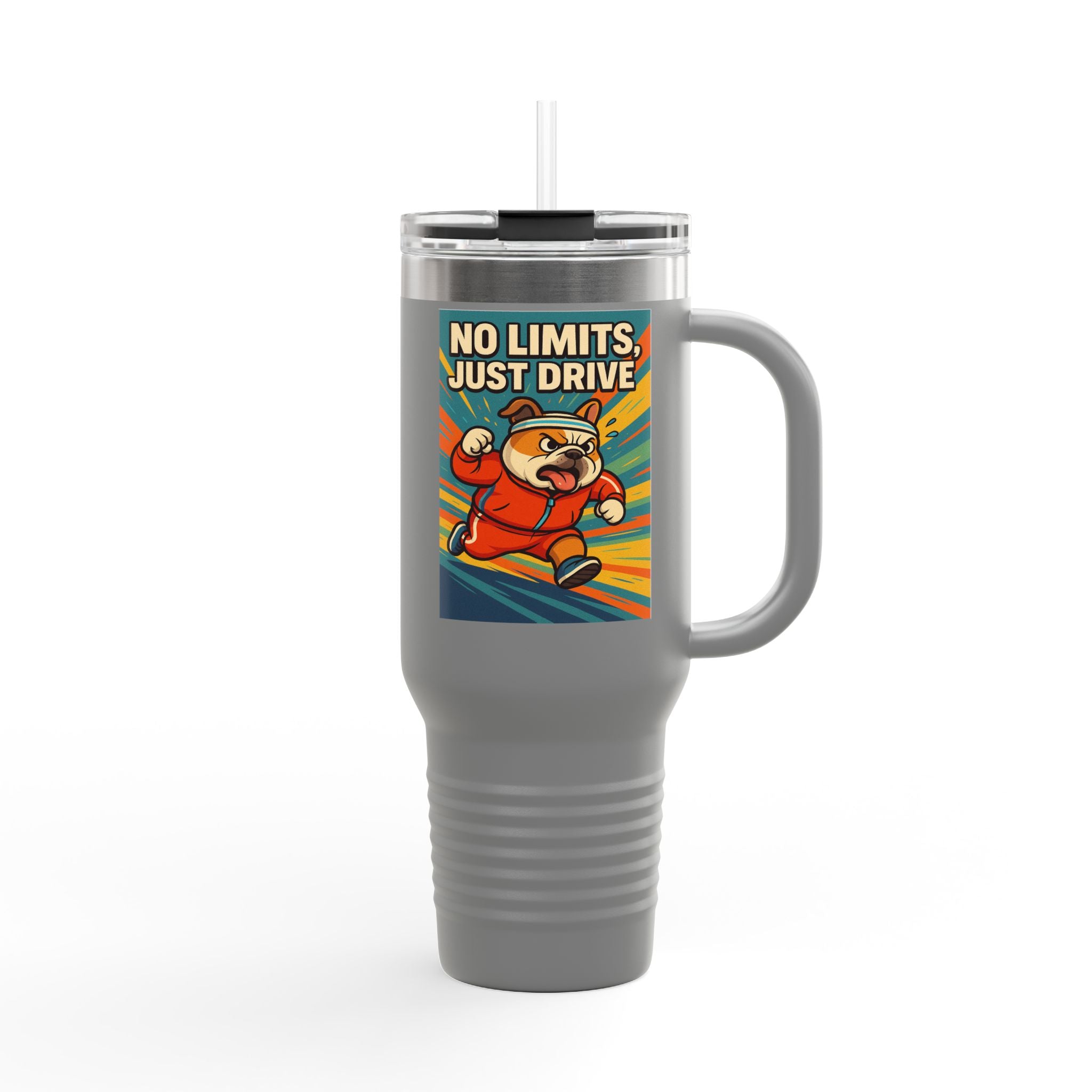 Adventure-Ready English Bulldog Insulated Travel Mug-Perfect for Travel, Outdoor Activities, Motivational Gift, No Limits Just Drive Design