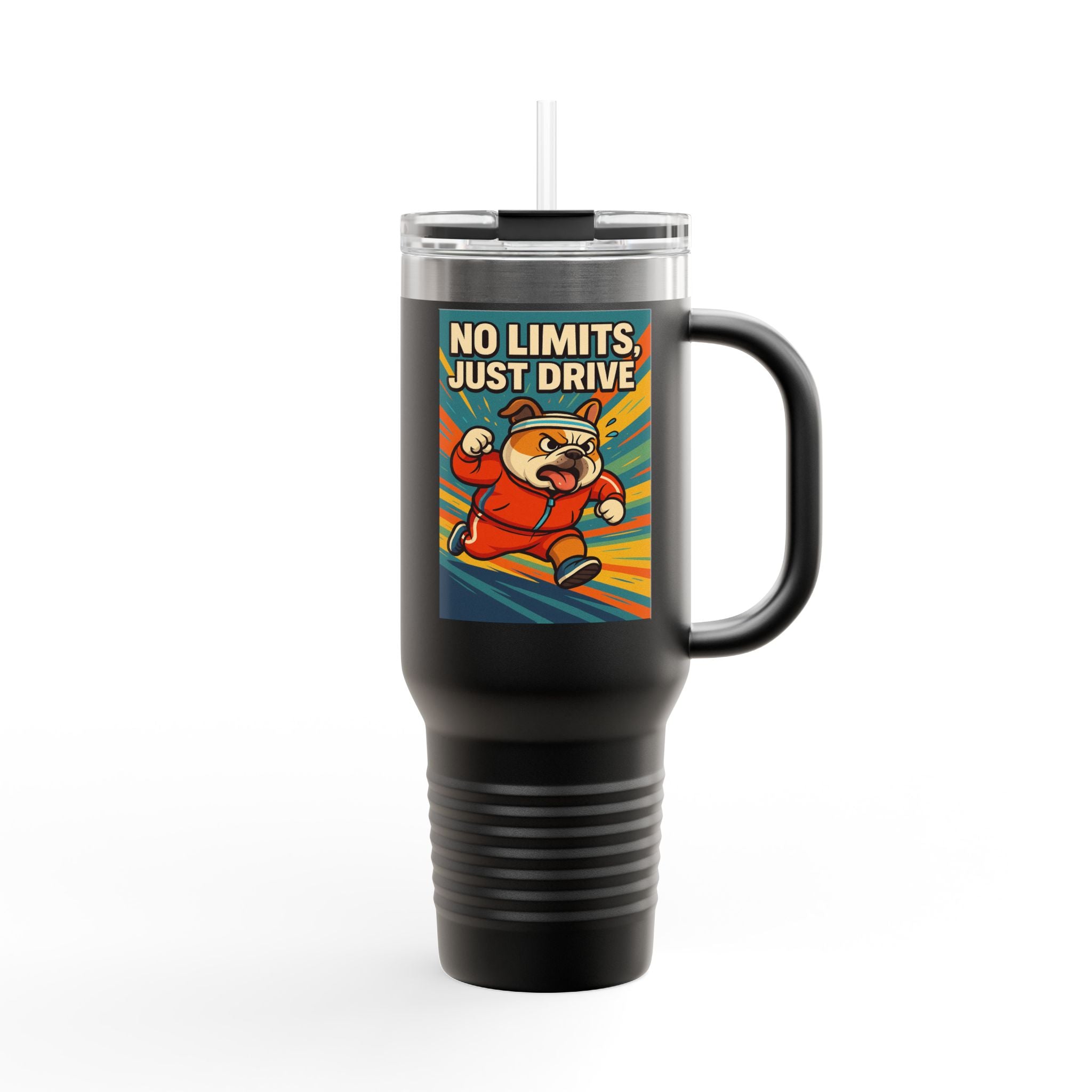 Adventure-Ready English Bulldog Insulated Travel Mug-Perfect for Travel, Outdoor Activities, Motivational Gift, No Limits Just Drive Design