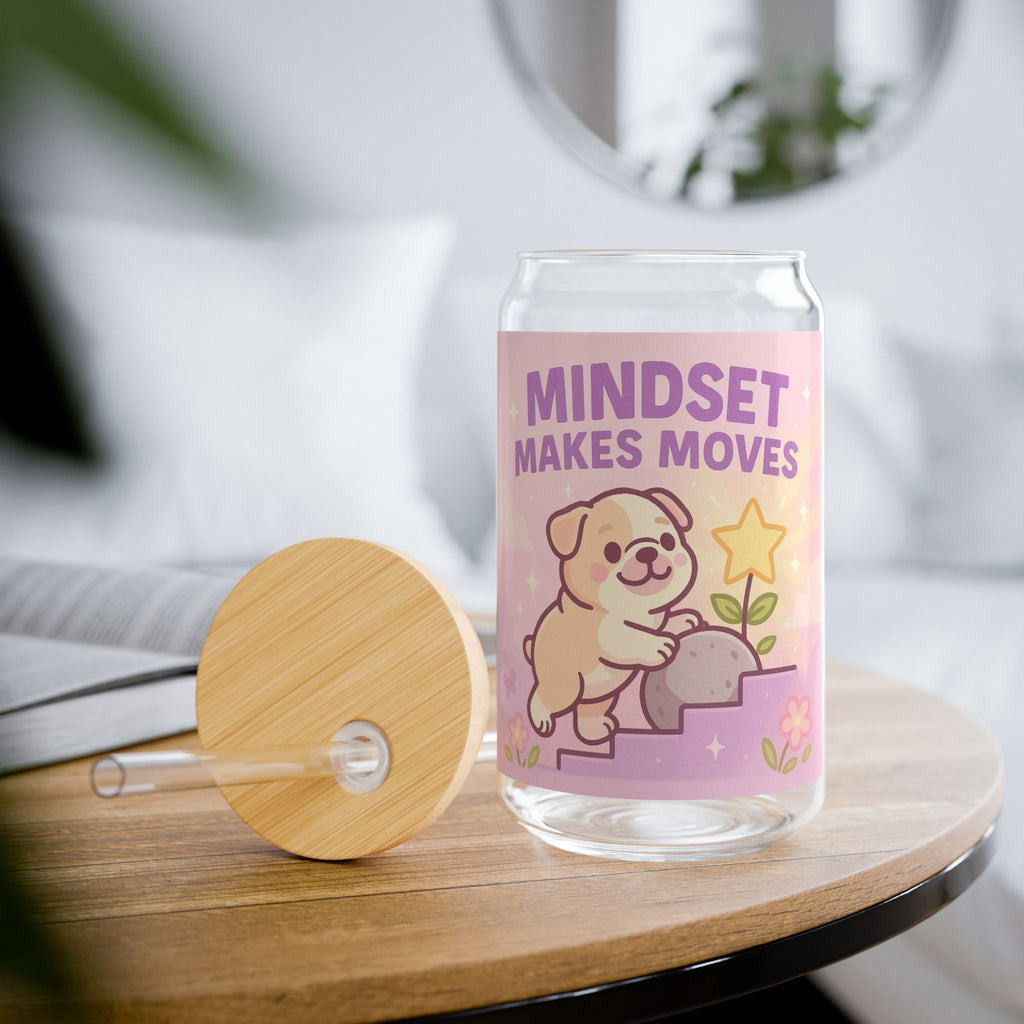 Motivational Sipper Glass “Mindset Makes Moves” Cute Puppy 16oz