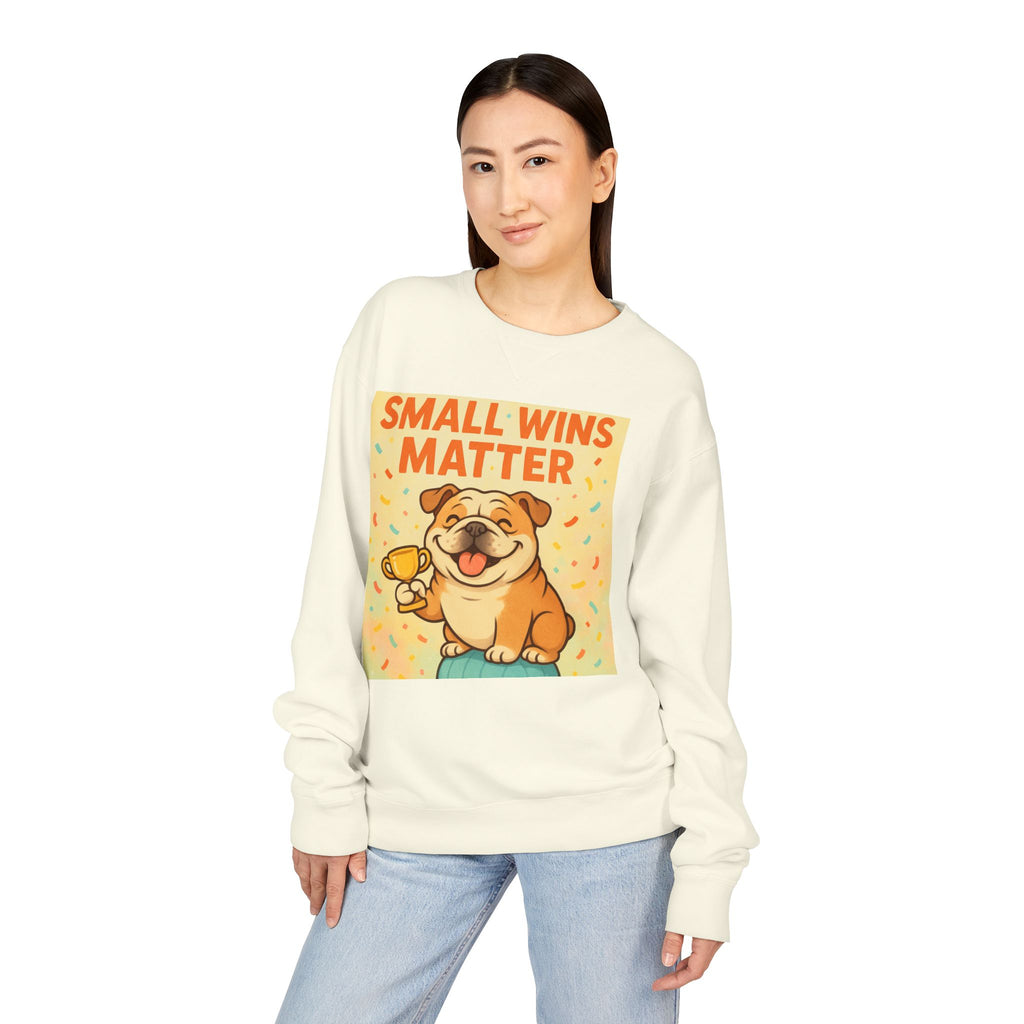 Celebrate Small Wins Sweatshirt, Cozy Crewneck Top for English Bulldog Lovers, Inspirational, Motivational Apparel, Ideal for Casual Days