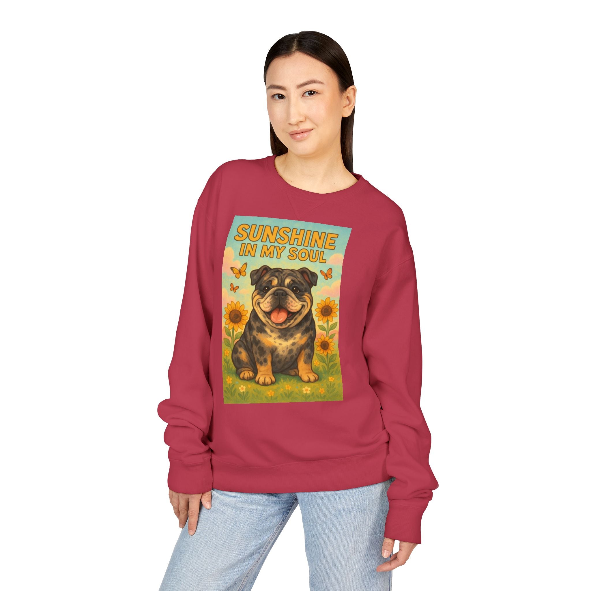 Sunshine in My Soul Sweatshirt, Cozy Unisex Crewneck, English Bulldog Lover Gift, Cute Pet Apparel, Vintage Floral Sweatshirt