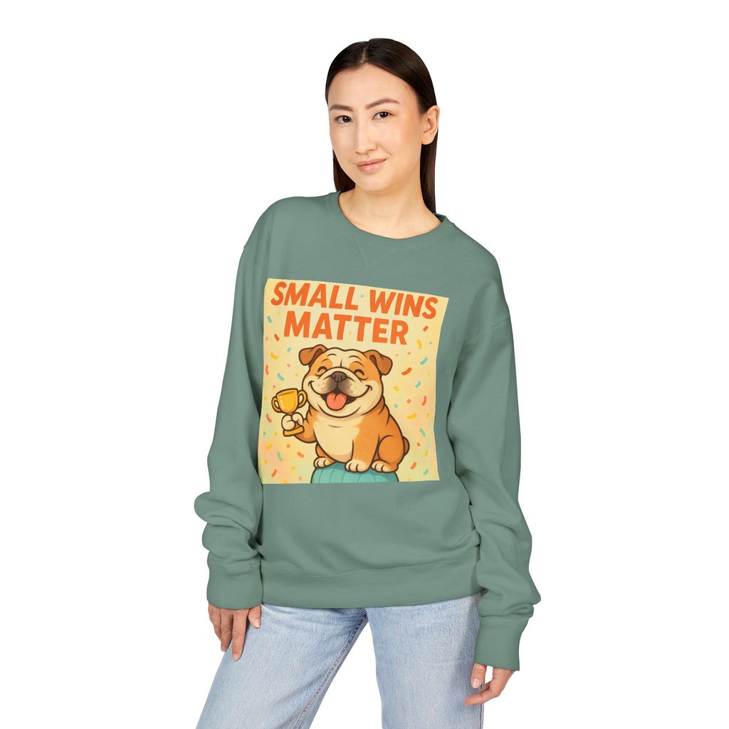 Celebrate Small Wins Sweatshirt, Cozy Crewneck Top for English Bulldog Lovers, Inspirational, Motivational Apparel, Ideal for Casual Days