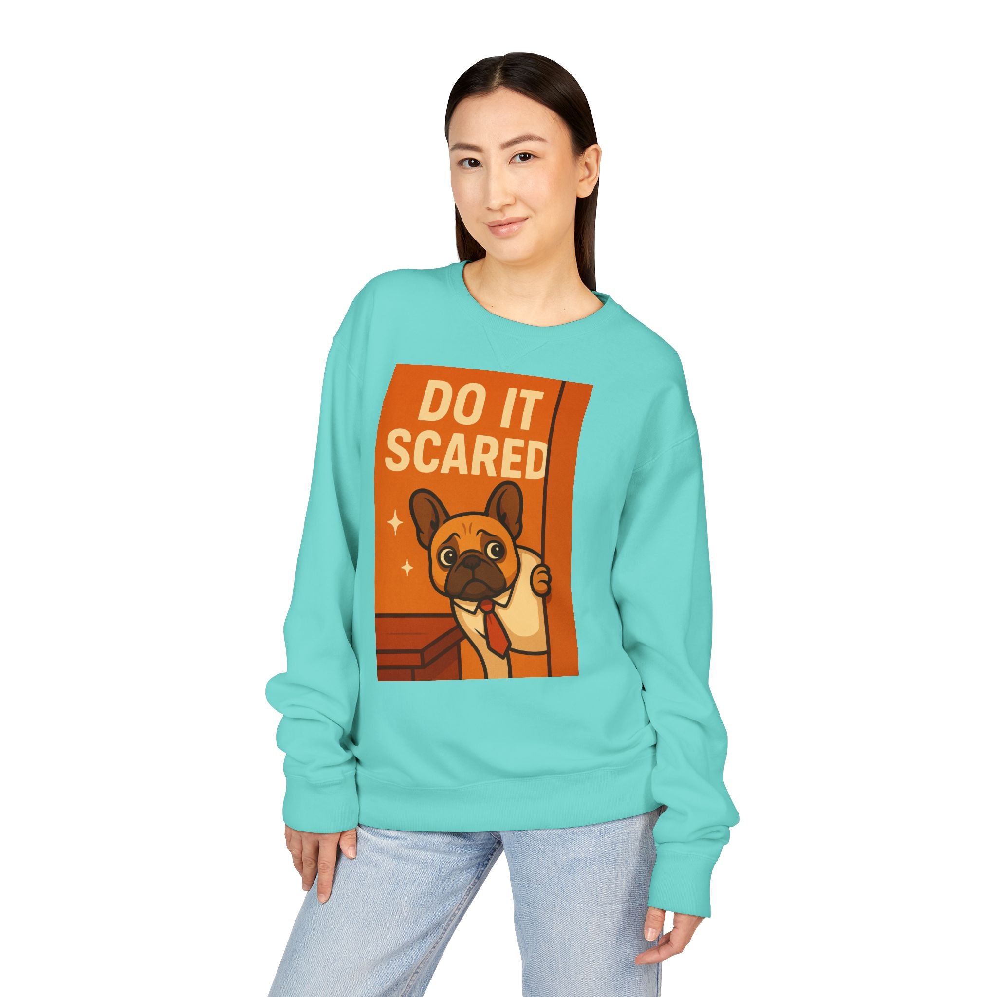 Motivational French Bulldog Sweatshirt - Do It Scared, Cozy Crewneck, Gift for Dog Lovers, Inspirational Apparel, Relaxed Fit Sweatshirt