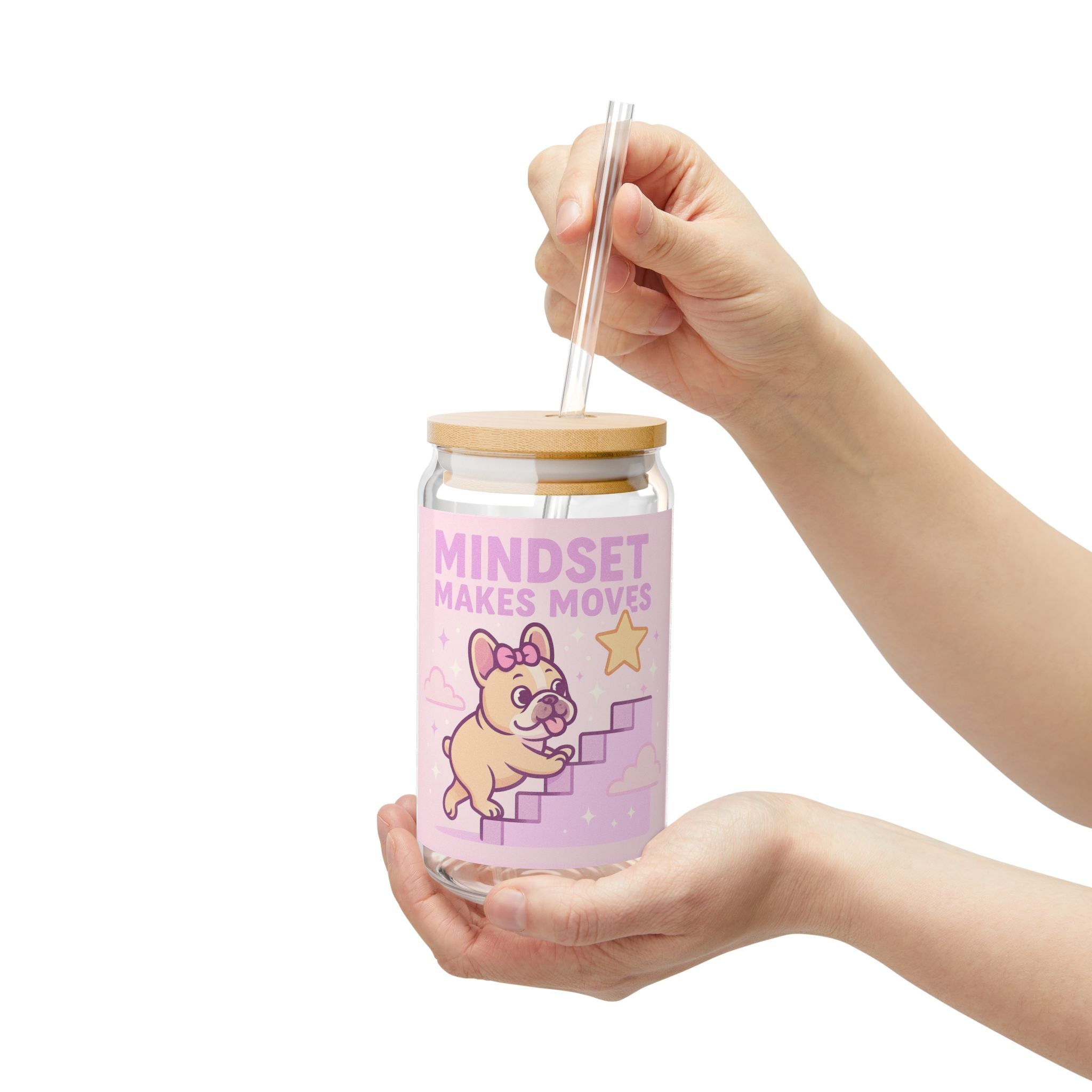 Mindset Makes Moves Sipper Glass 16oz Motivational Cute Dog Drink Jar
