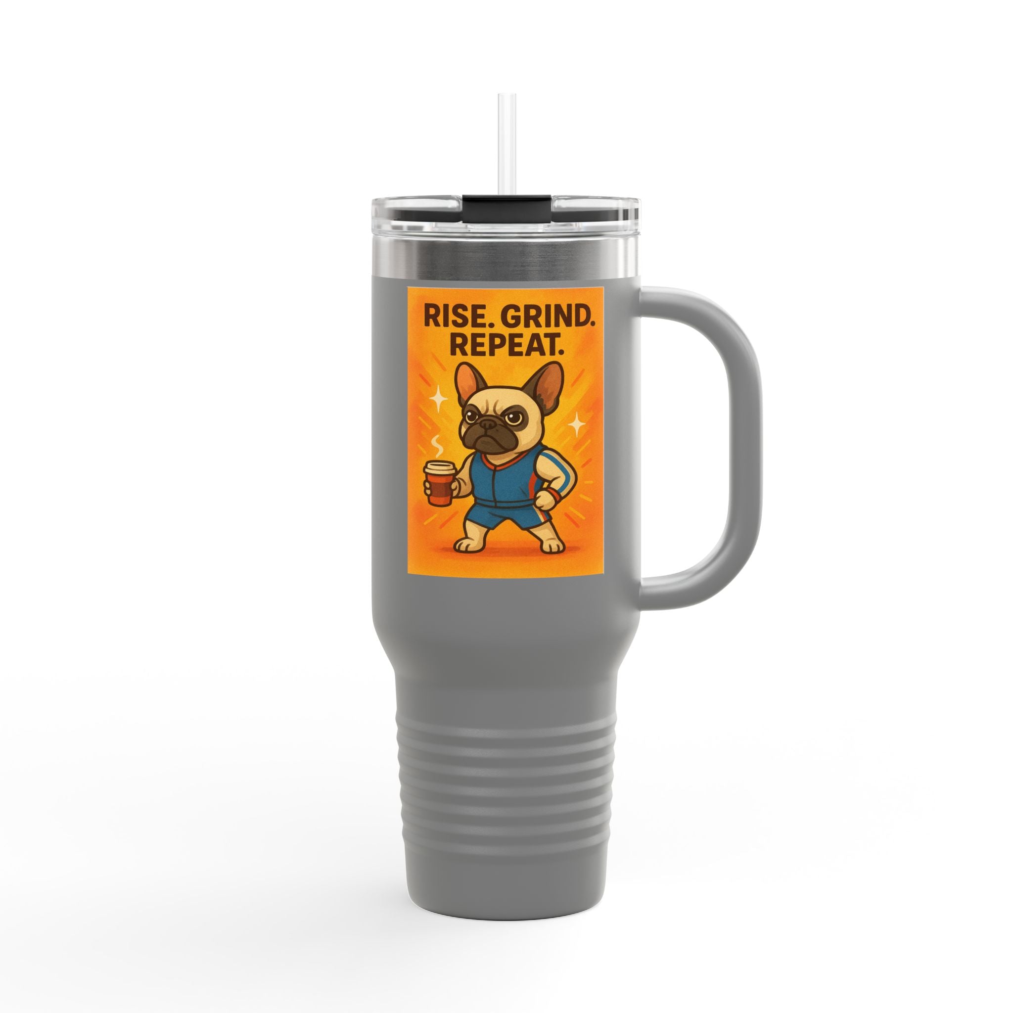 High-Energy French Bulldog Insulated Travel Mug, Fun Dog Design, Coffee Lover Gift, Motivational Mug, Perfect for Road Trips,  and Workouts