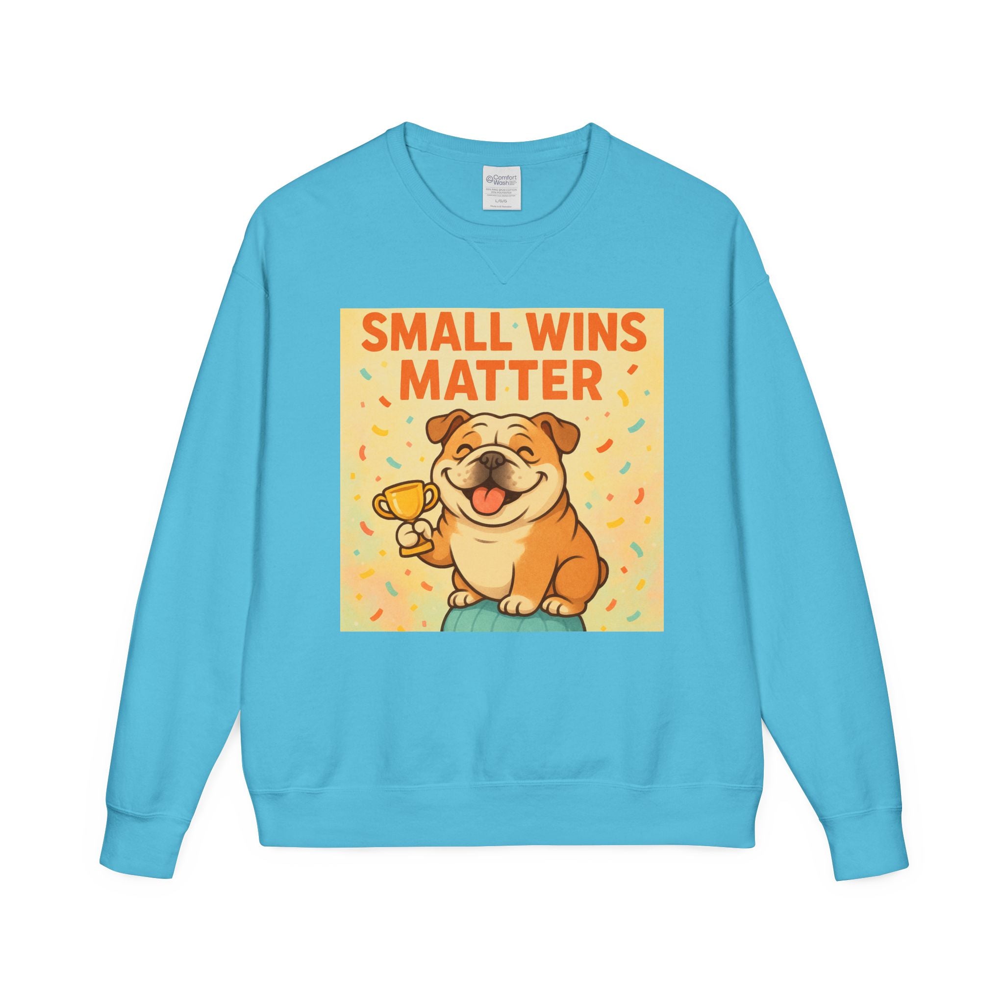 Celebrate Small Wins Sweatshirt, Cozy Crewneck Top for English Bulldog Lovers, Inspirational, Motivational Apparel, Ideal for Casual Days