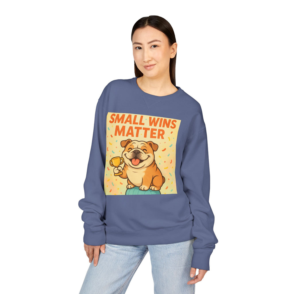 Celebrate Small Wins Sweatshirt, Cozy Crewneck Top for English Bulldog Lovers, Inspirational, Motivational Apparel, Ideal for Casual Days