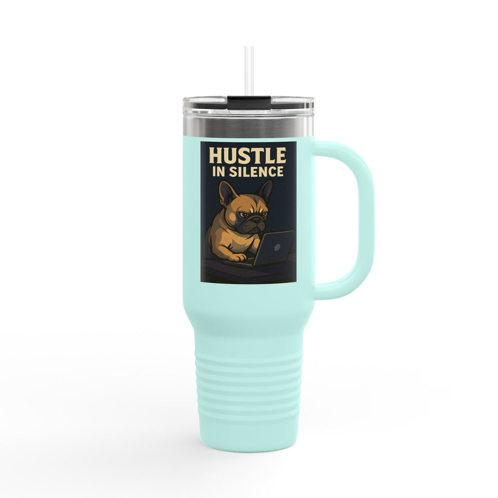 Hustle in Silence Insulated Travel Mug, 40oz - Bulldog Coffee Traveler, Dog Lover Gift,Office Mug, Inspirational Water Bottle, Motivational