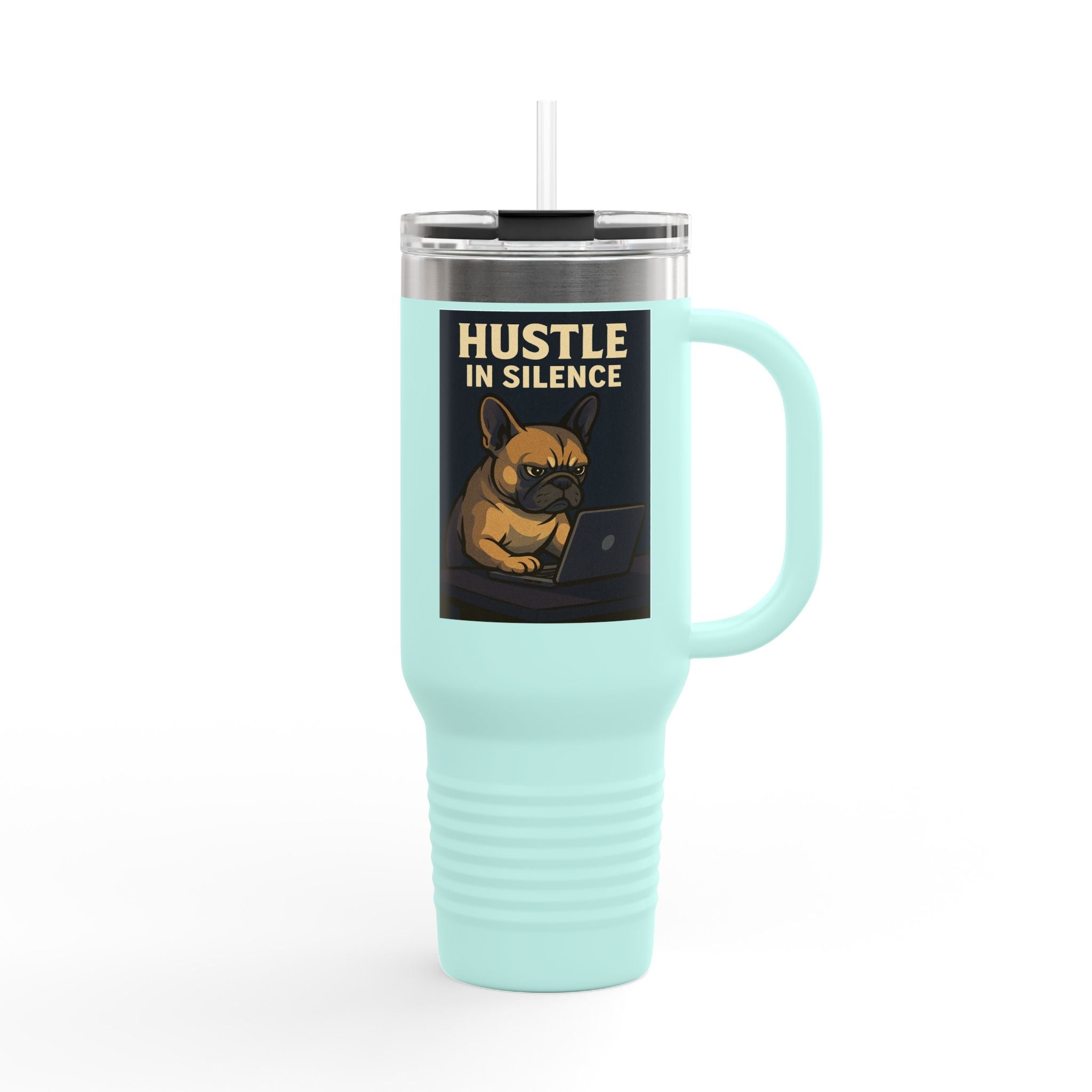 Hustle in Silence Insulated Travel Mug, 40oz - Bulldog Coffee Traveler, Dog Lover Gift,Office Mug, Inspirational Water Bottle, Motivational