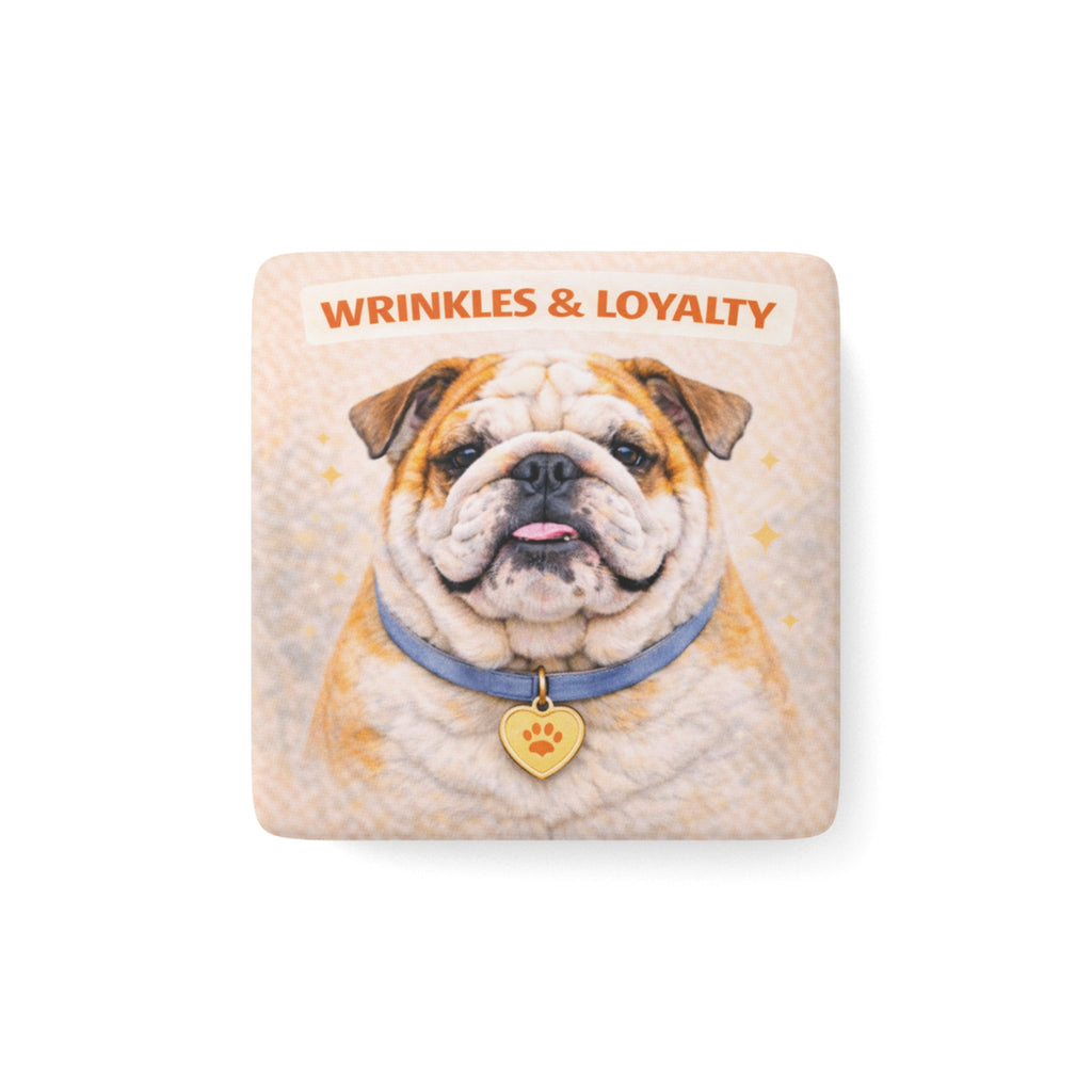 Wrinkles & Loyalty Bulldog Porcelain Magnet | Square