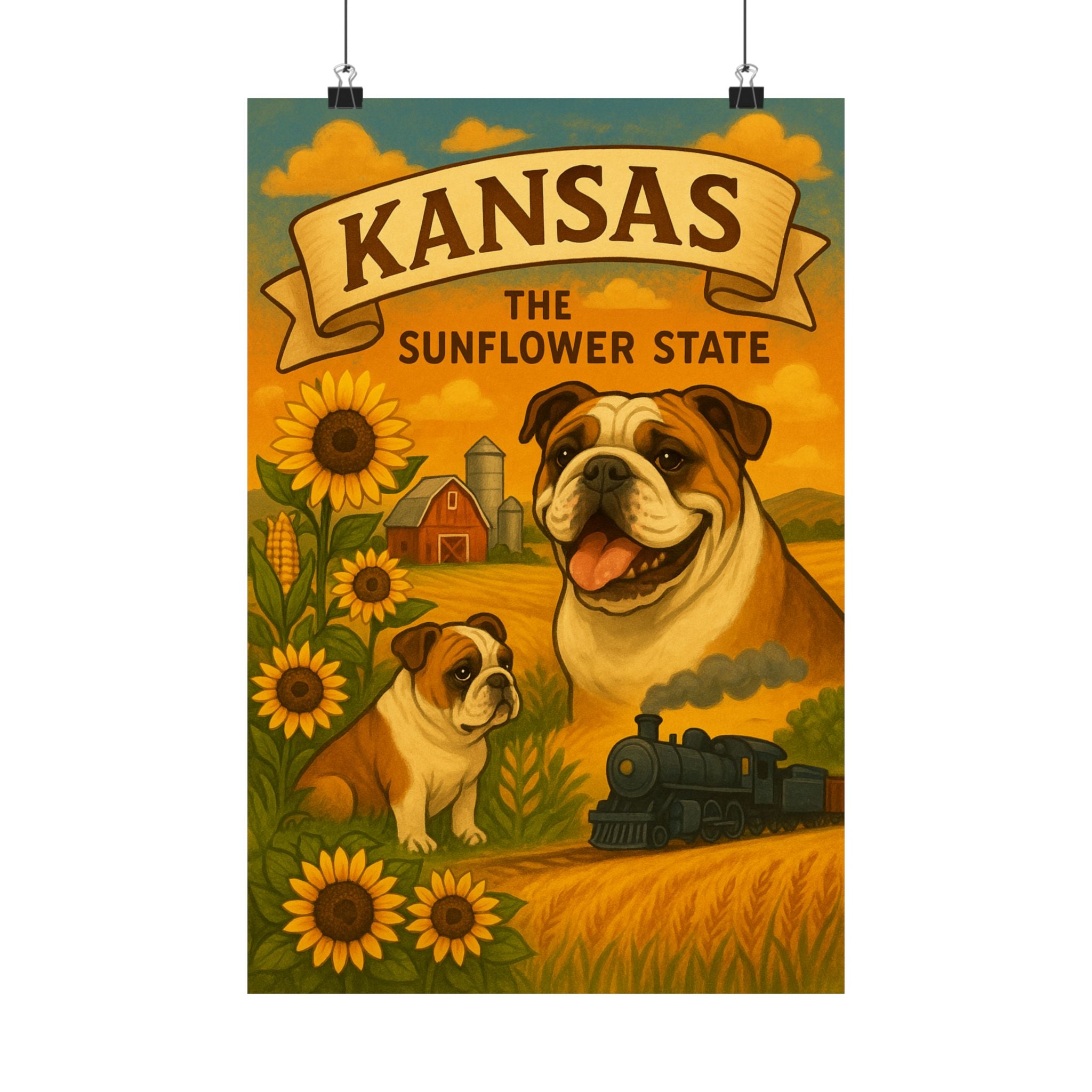 Kansas Sunflower State Poster, Bulldog Art Print, Vintage Decor, Home Wall Art, Gift for Dog Lovers, Kansas Pride Wall Decor