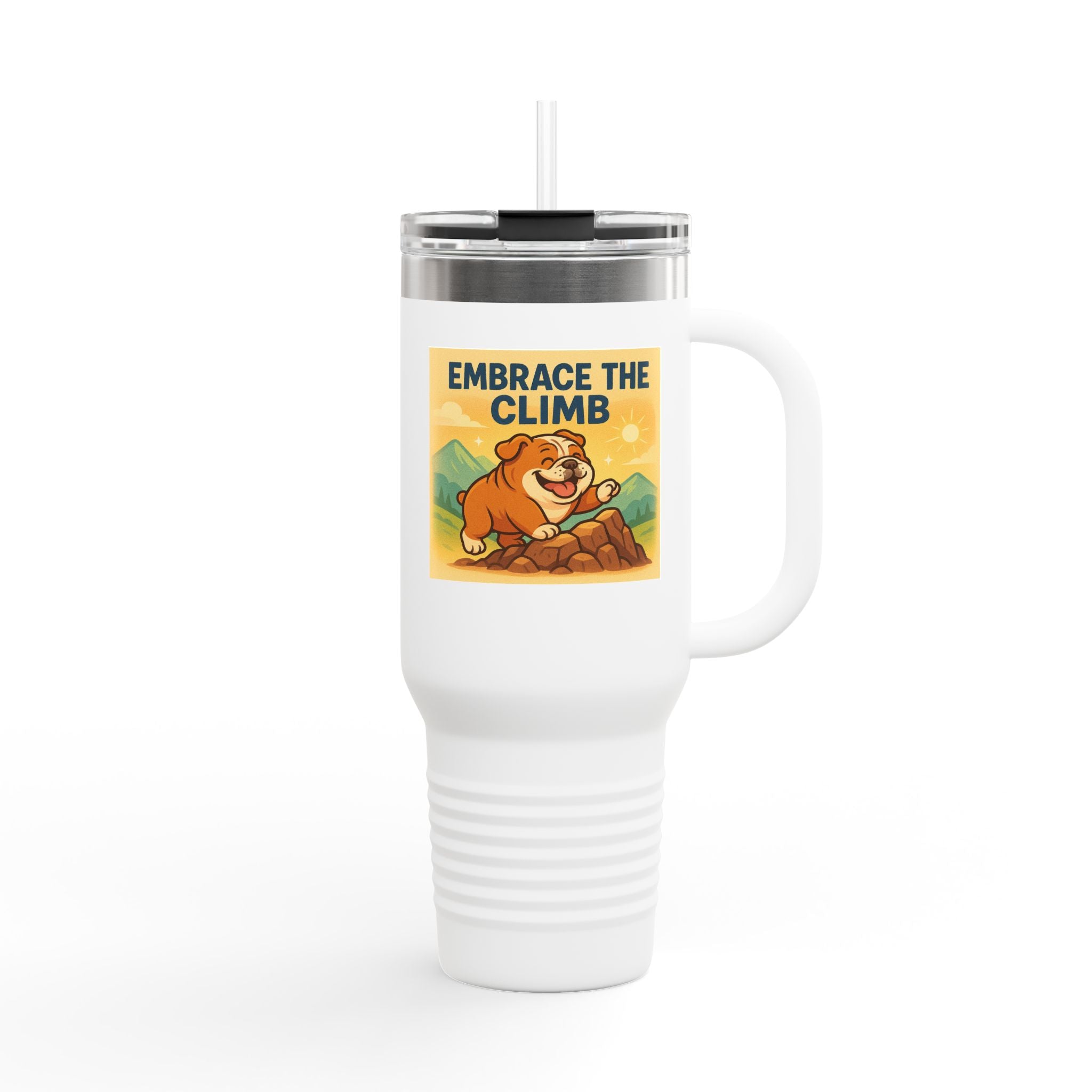 Insulated English Bulldogs Travel Mug - Embrace the Climb, Adventure Mug, Outdoor Drinkware, Motivational Gift, Travel Cup, Nature Lovers