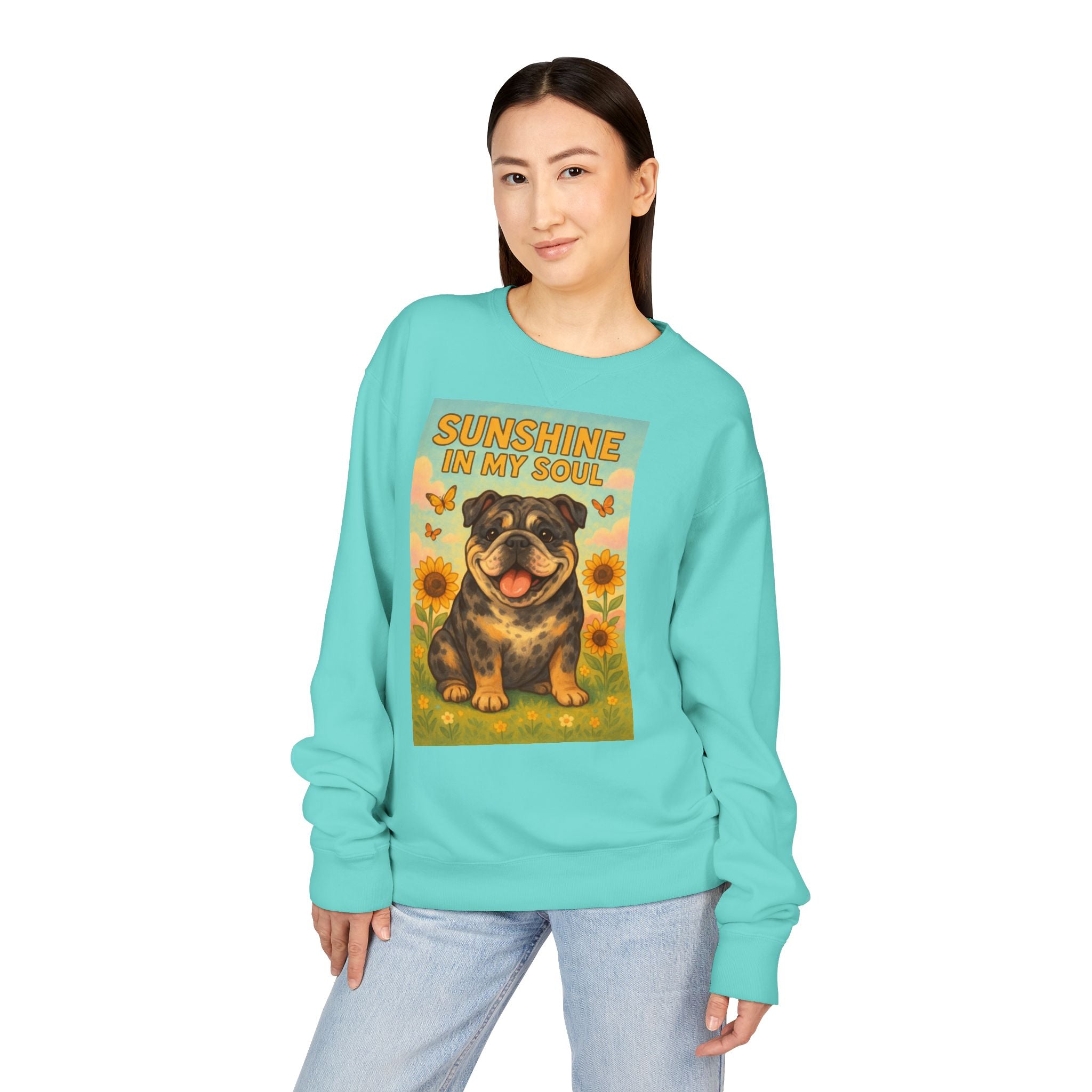 Sunshine in My Soul Sweatshirt, Cozy Unisex Crewneck, English Bulldog Lover Gift, Cute Pet Apparel, Vintage Floral Sweatshirt