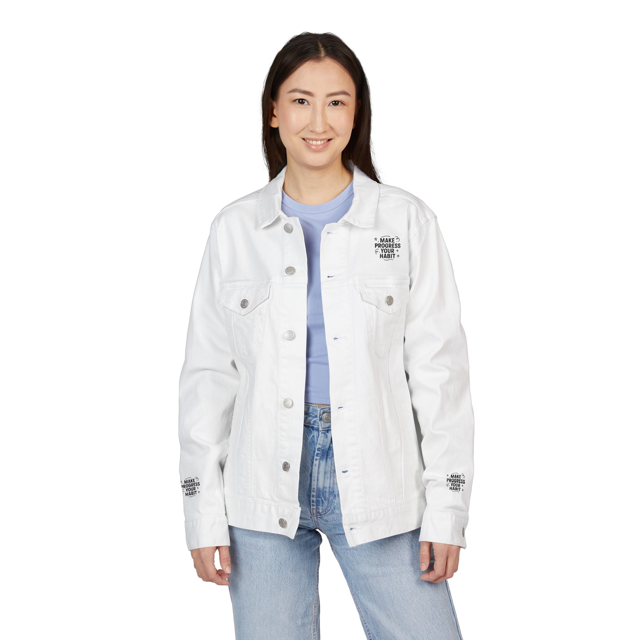 Unisex Embroidered Make Progress Your Habit Denim Jacket - Casual Streetwear, Gift for Friends, Customized Outerwear, Unique Fashion Piece, Ideal for Parties
