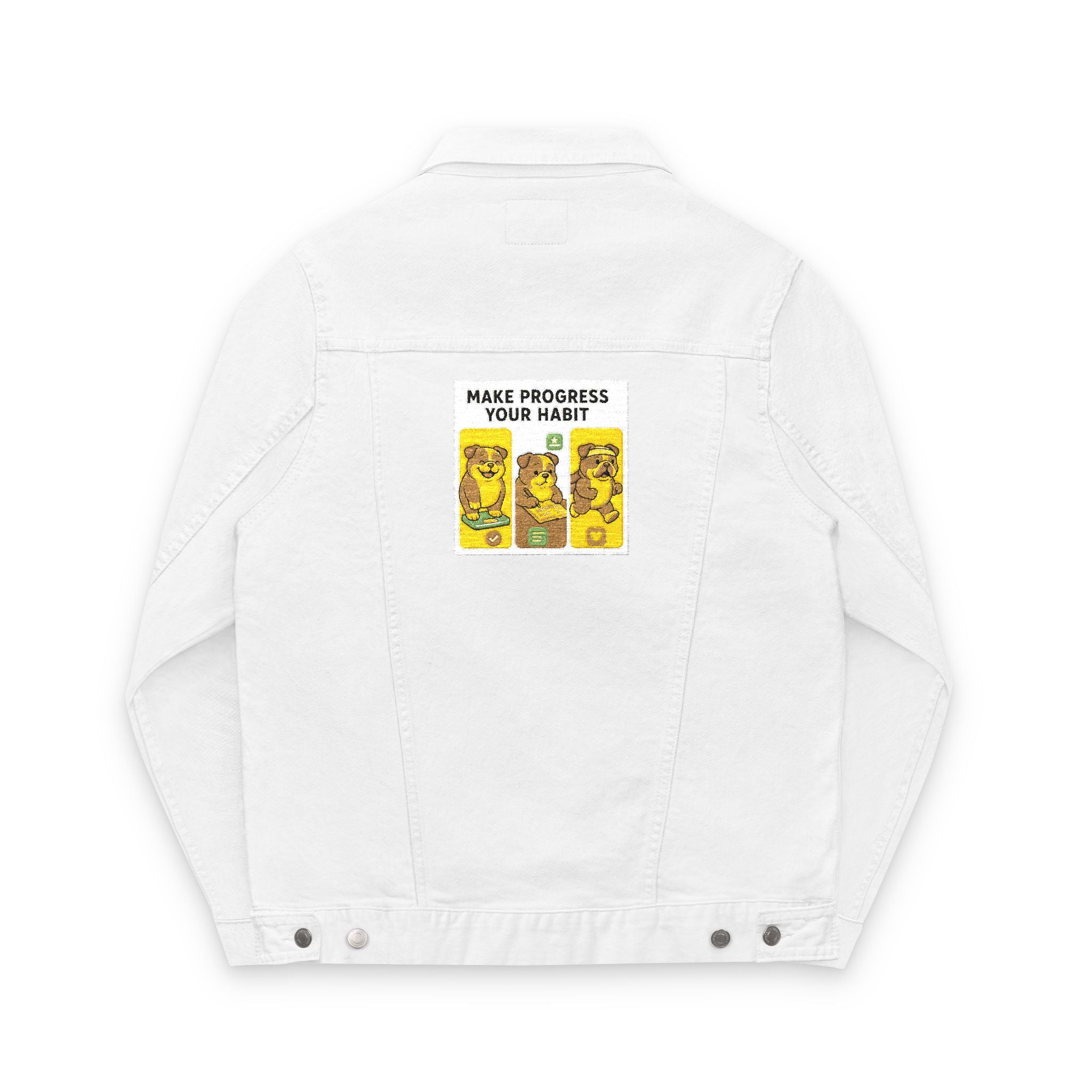 Unisex Embroidered Make Progress Your Habit Denim Jacket - Casual Streetwear, Gift for Friends, Customized Outerwear, Unique Fashion Piece, Ideal for Parties