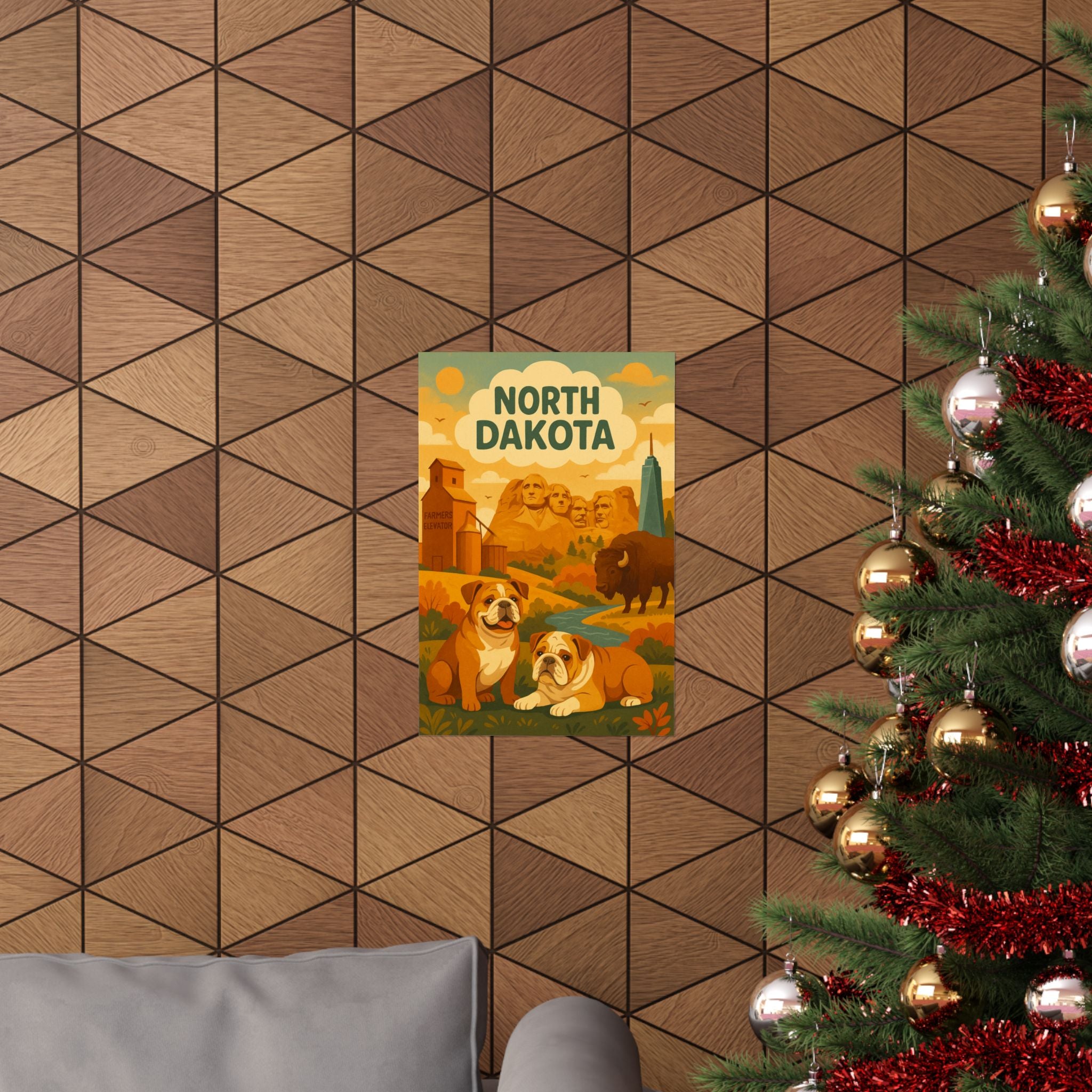 Rustic Home Decor Prints, North Dakota Wall Art, Bulldog Poster, Animal Lover Gift, Vintage Travel Decor