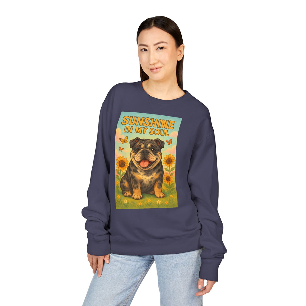 Sunshine in My Soul Sweatshirt, Cozy Unisex Crewneck, English Bulldog Lover Gift, Cute Pet Apparel, Vintage Floral Sweatshirt
