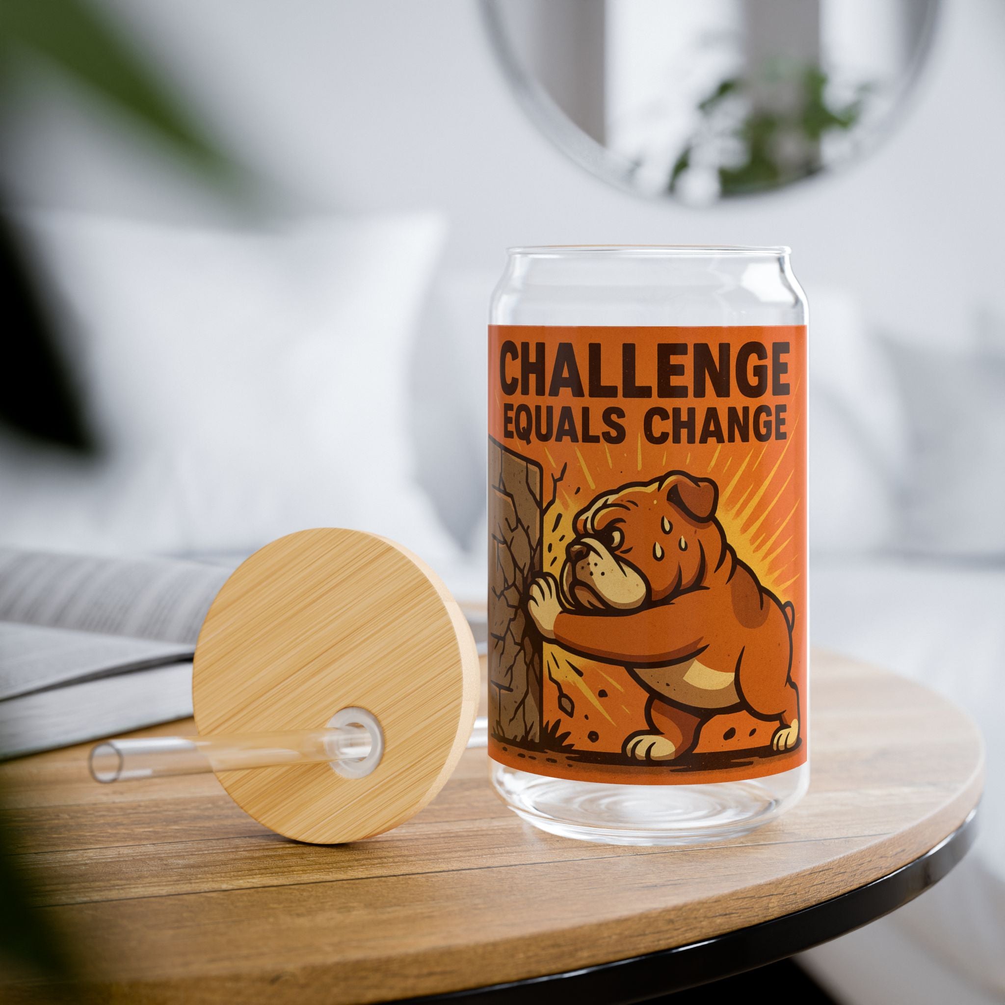 Challenge Equals Change Sipper Glass – Motivational 16oz Drink Jar with Bear Design