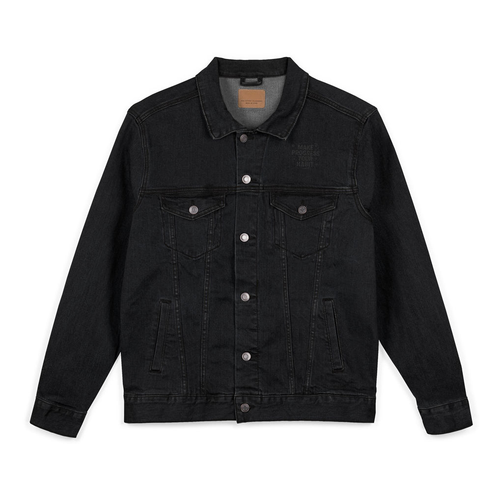 Unisex Embroidered Make Progress Your Habit Denim Jacket - Casual Streetwear, Gift for Friends, Customized Outerwear, Unique Fashion Piece, Ideal for Parties