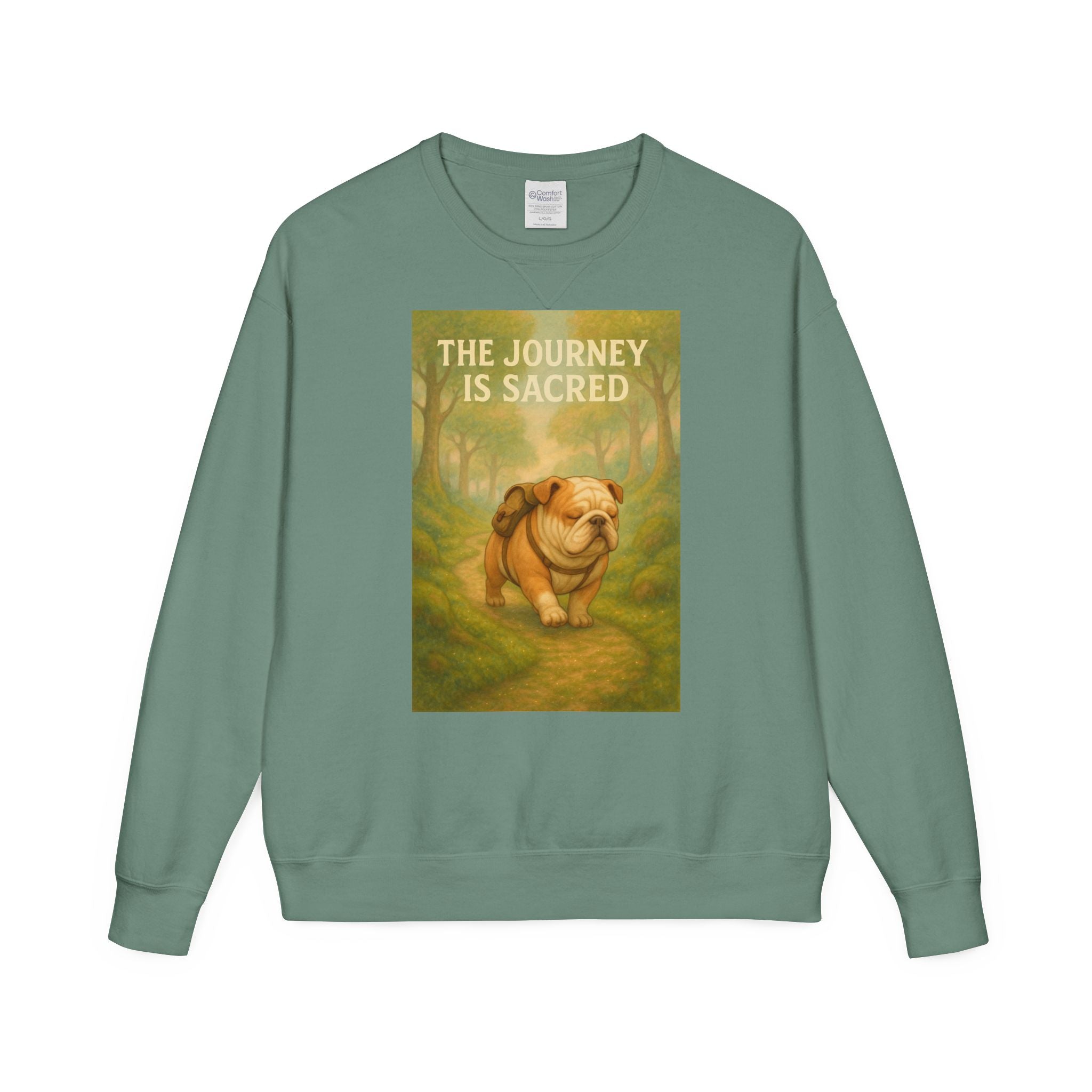 Journey is Sacred English Bulldog Sweatshirt, Unisex ComfortWash Crewneck, Cozy Dog Lover Gift, Nature Theme Apparel, Dog Owner Sweatshirt