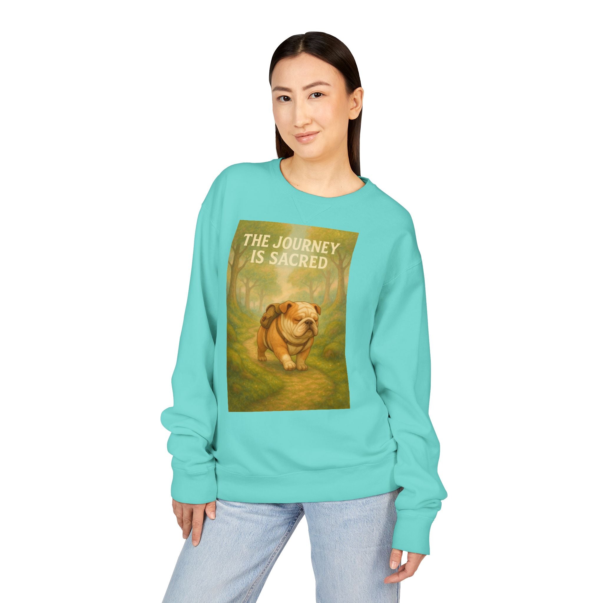 Journey is Sacred English Bulldog Sweatshirt, Unisex ComfortWash Crewneck, Cozy Dog Lover Gift, Nature Theme Apparel, Dog Owner Sweatshirt