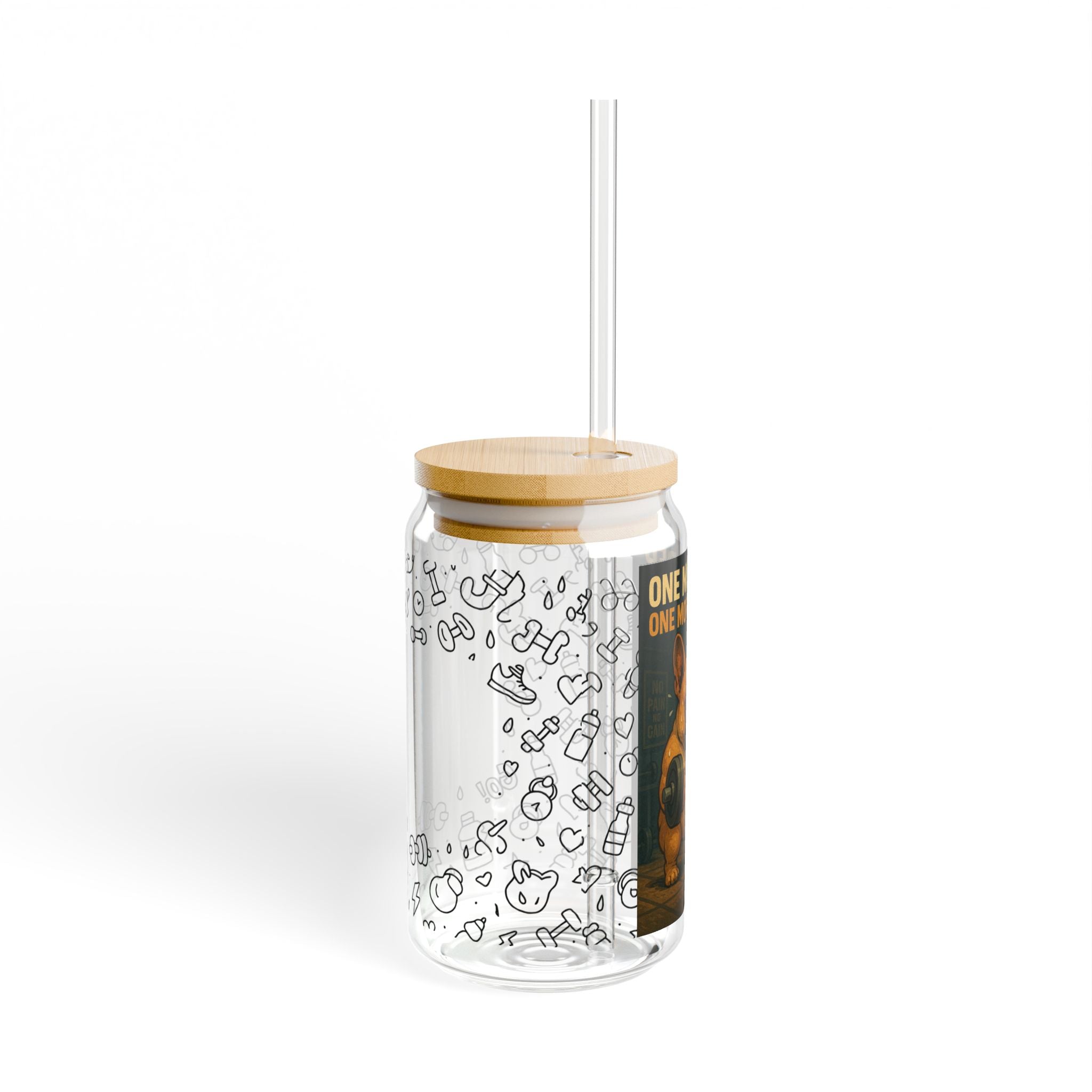 Frenchie Fitness Motivation Sipper Glass, Workout Water Bottle, Cute French Bulldog Cup, Gym Hydration Jar, Gift for Gym Lovers