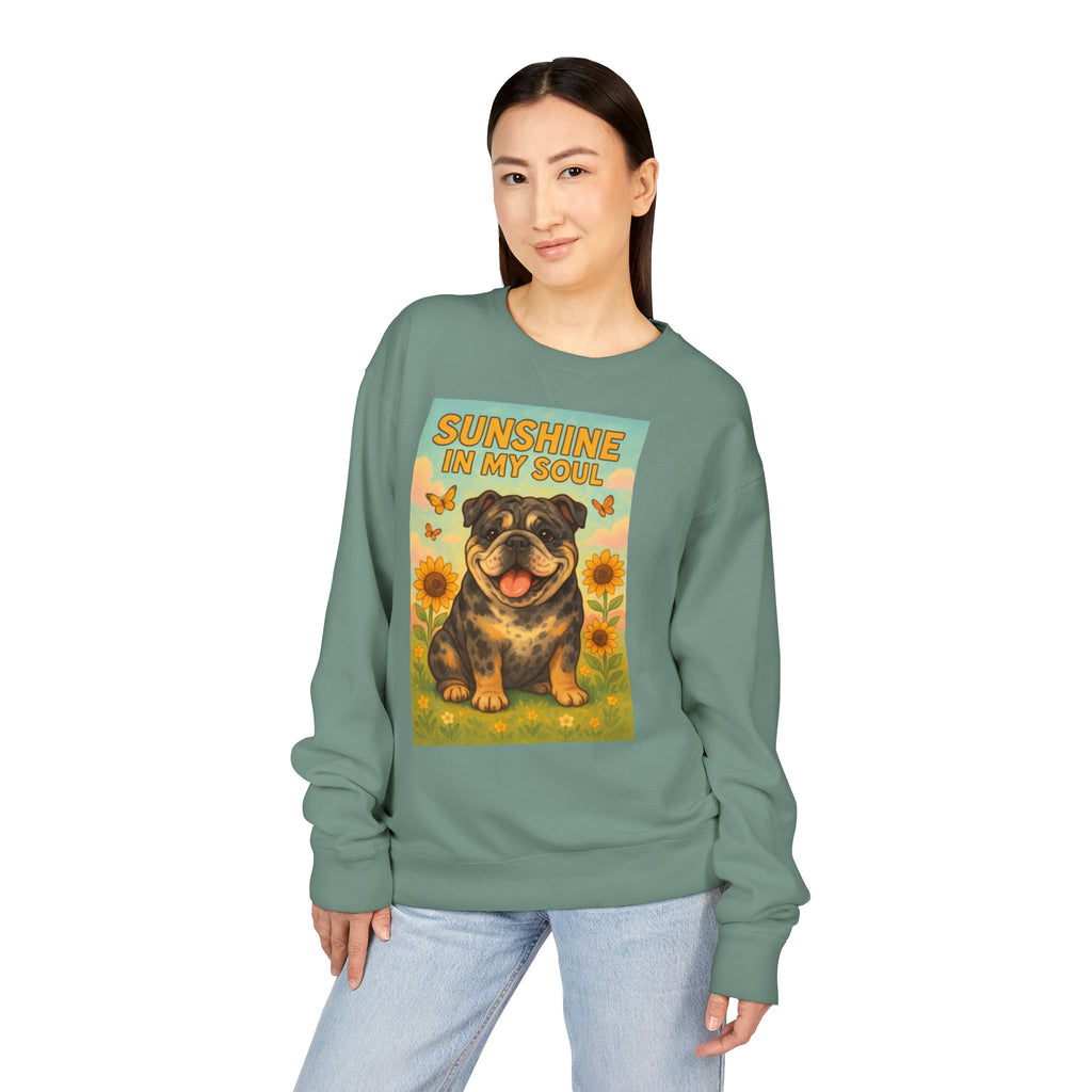 Sunshine in My Soul Sweatshirt, Cozy Unisex Crewneck, English Bulldog Lover Gift, Cute Pet Apparel, Vintage Floral Sweatshirt